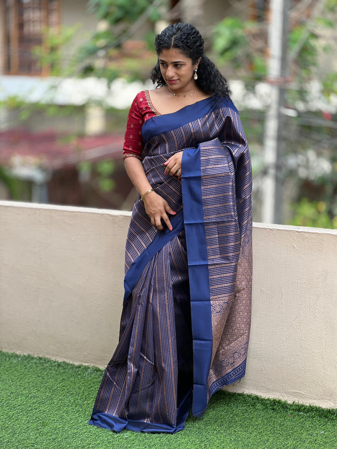 Semi Silk Sarees with Horizontal line Pattern | KT182