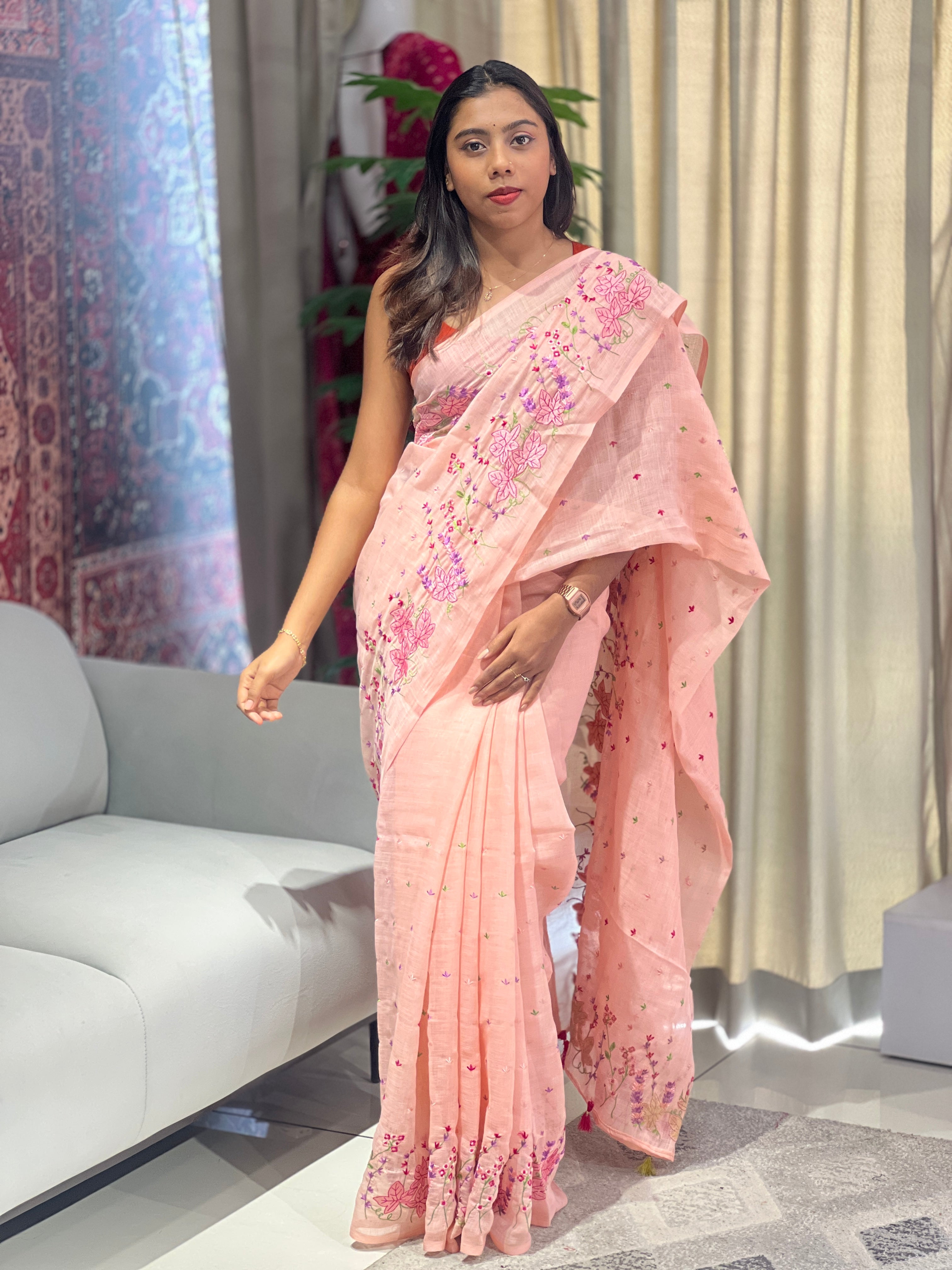 Floral Machine Embroidery Detailed Linen Cotton Saree | RP784