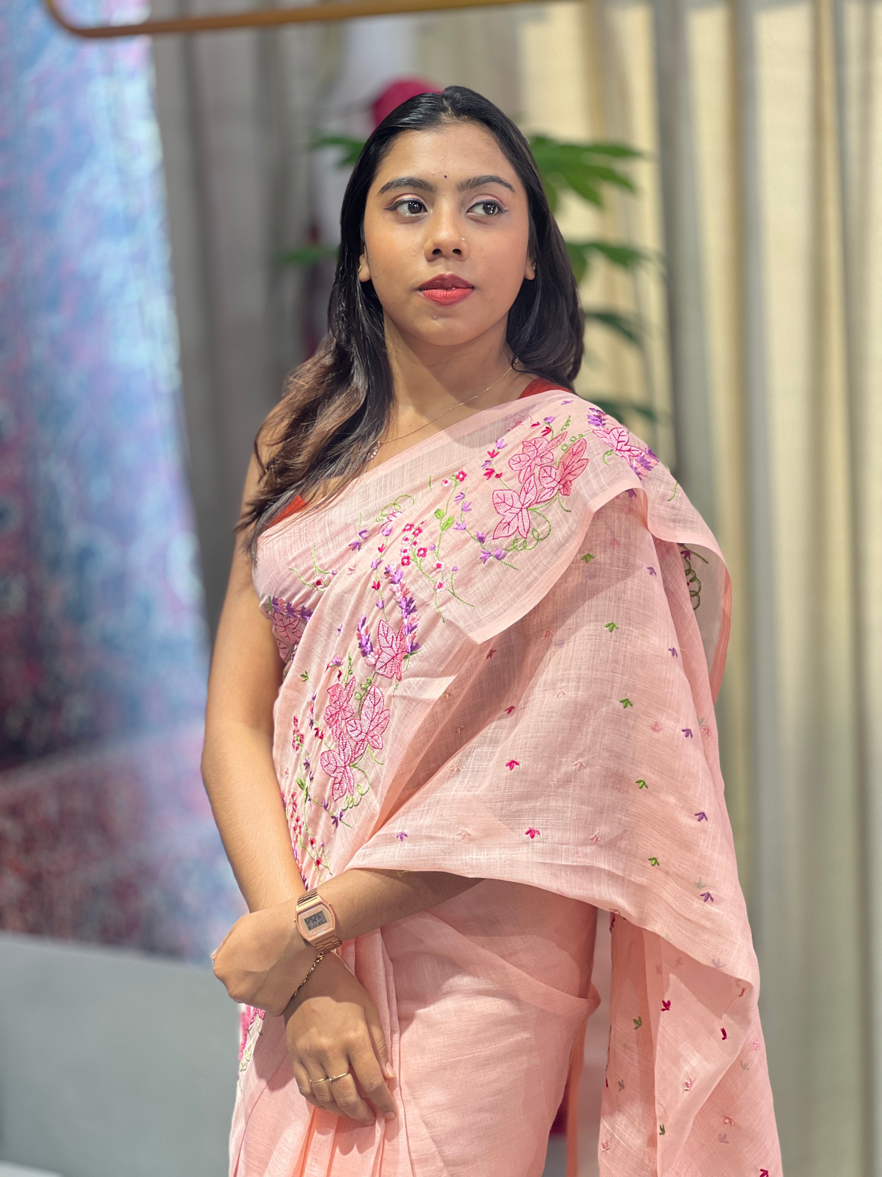 Floral Machine Embroidery Detailed Linen Cotton Saree | RP784