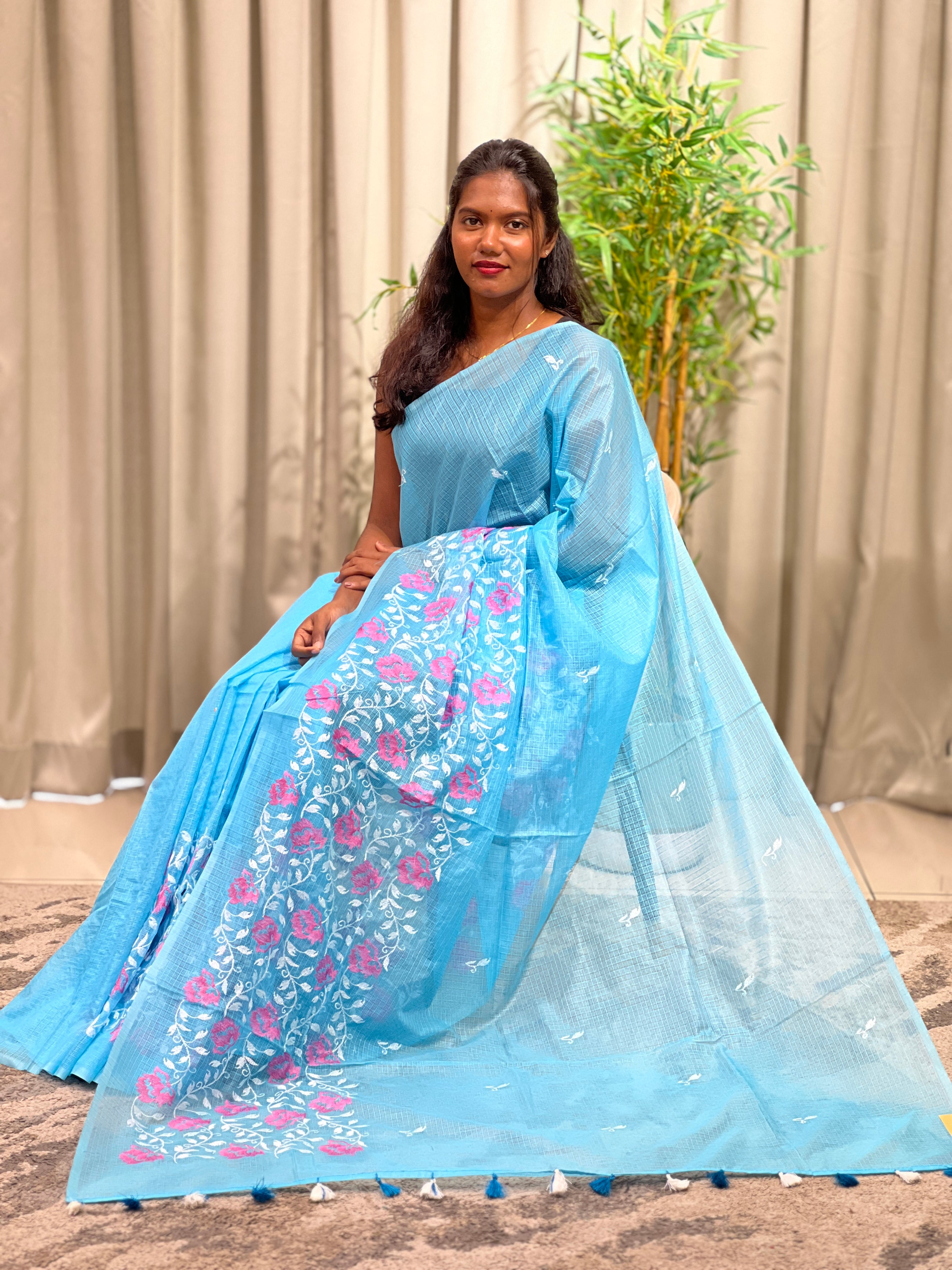 Computerized Machine Floral Embroidery Silky Kota Saree |  NHH225