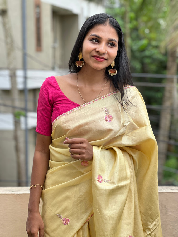 Floral Hand Embroidered Tussar Saree | SBS501