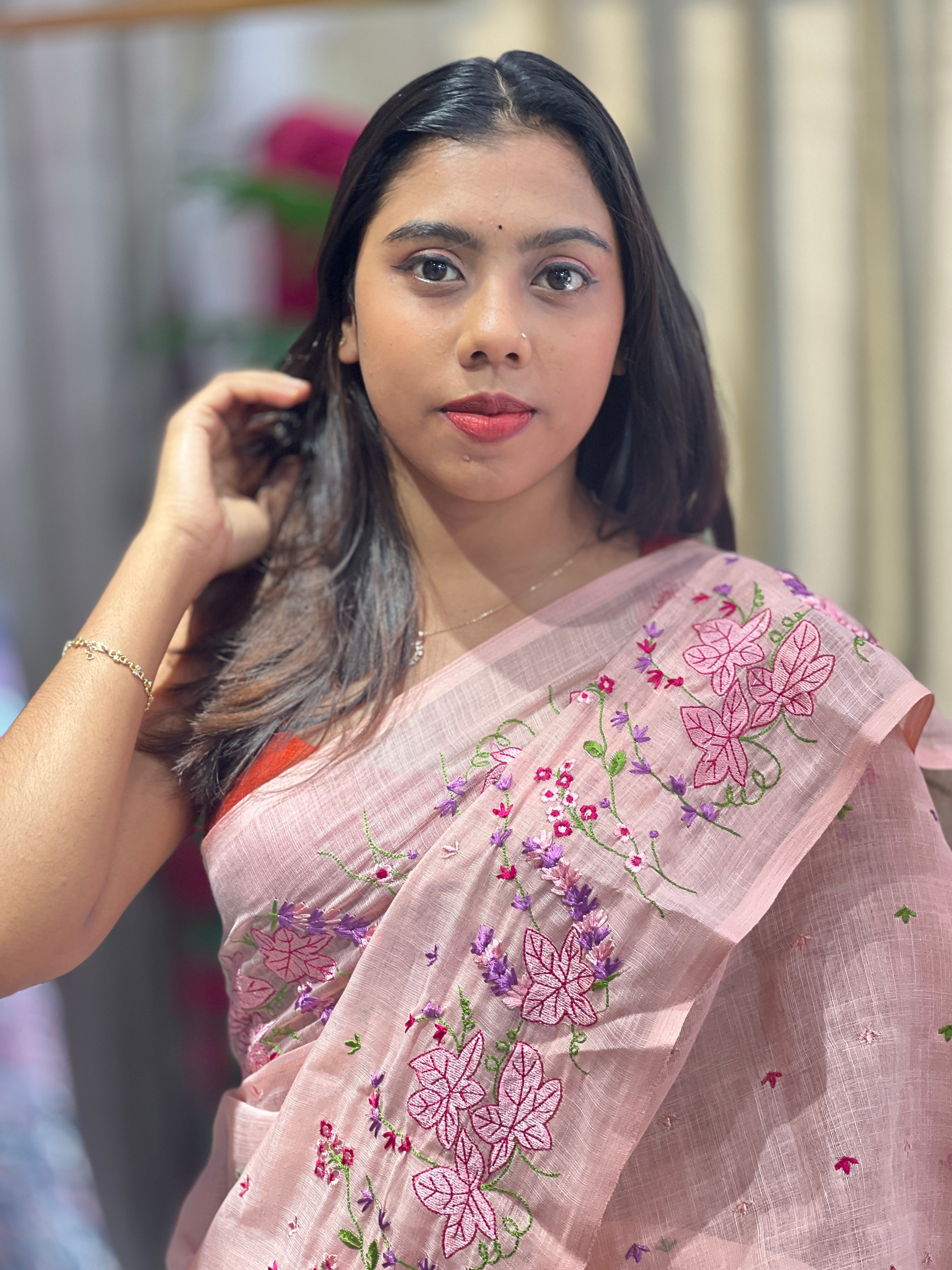 Floral Machine Embroidery Detailed Linen Cotton Saree | RP784