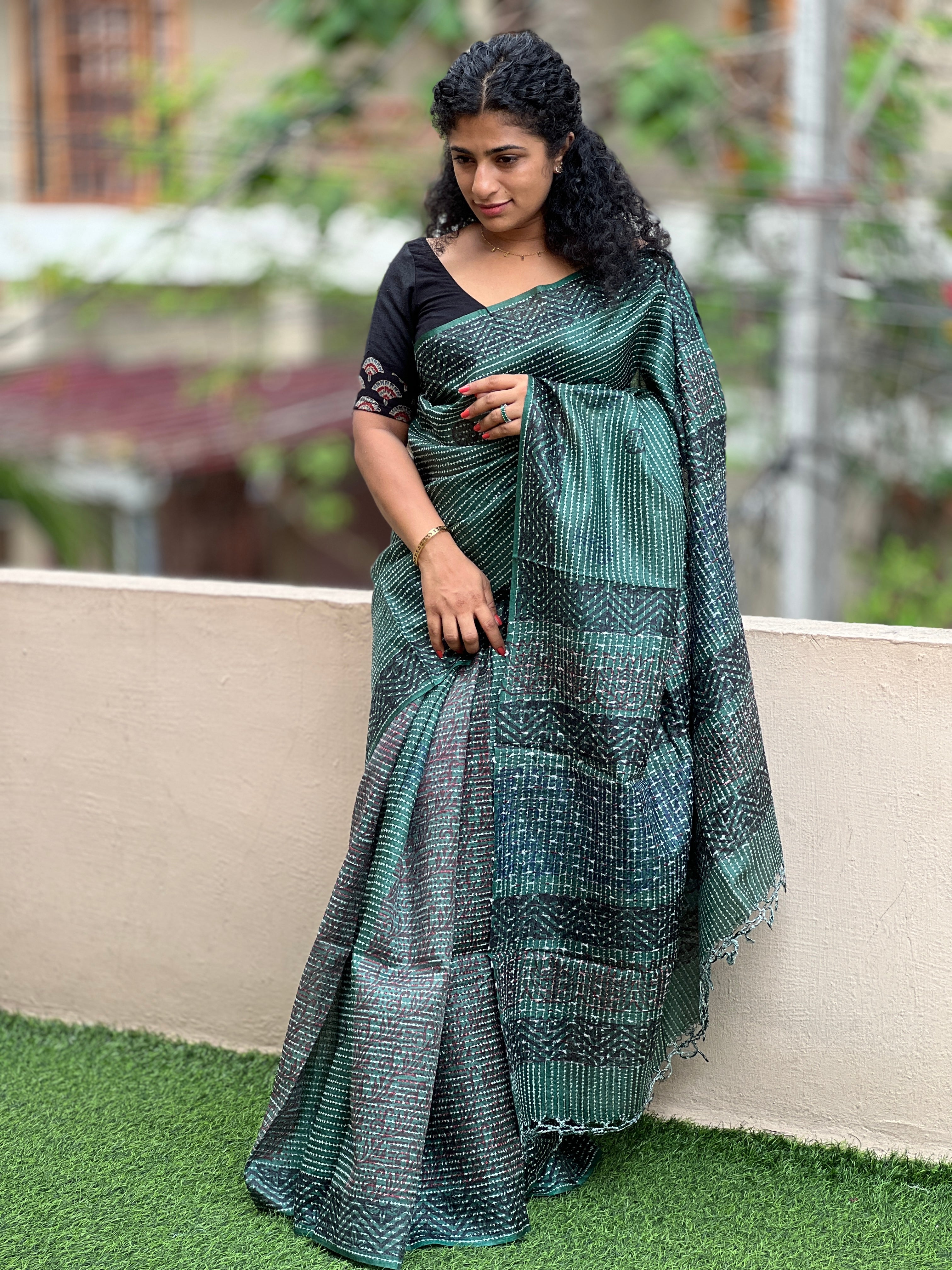 Block Printed Tussar Organza Saree | SKH201
