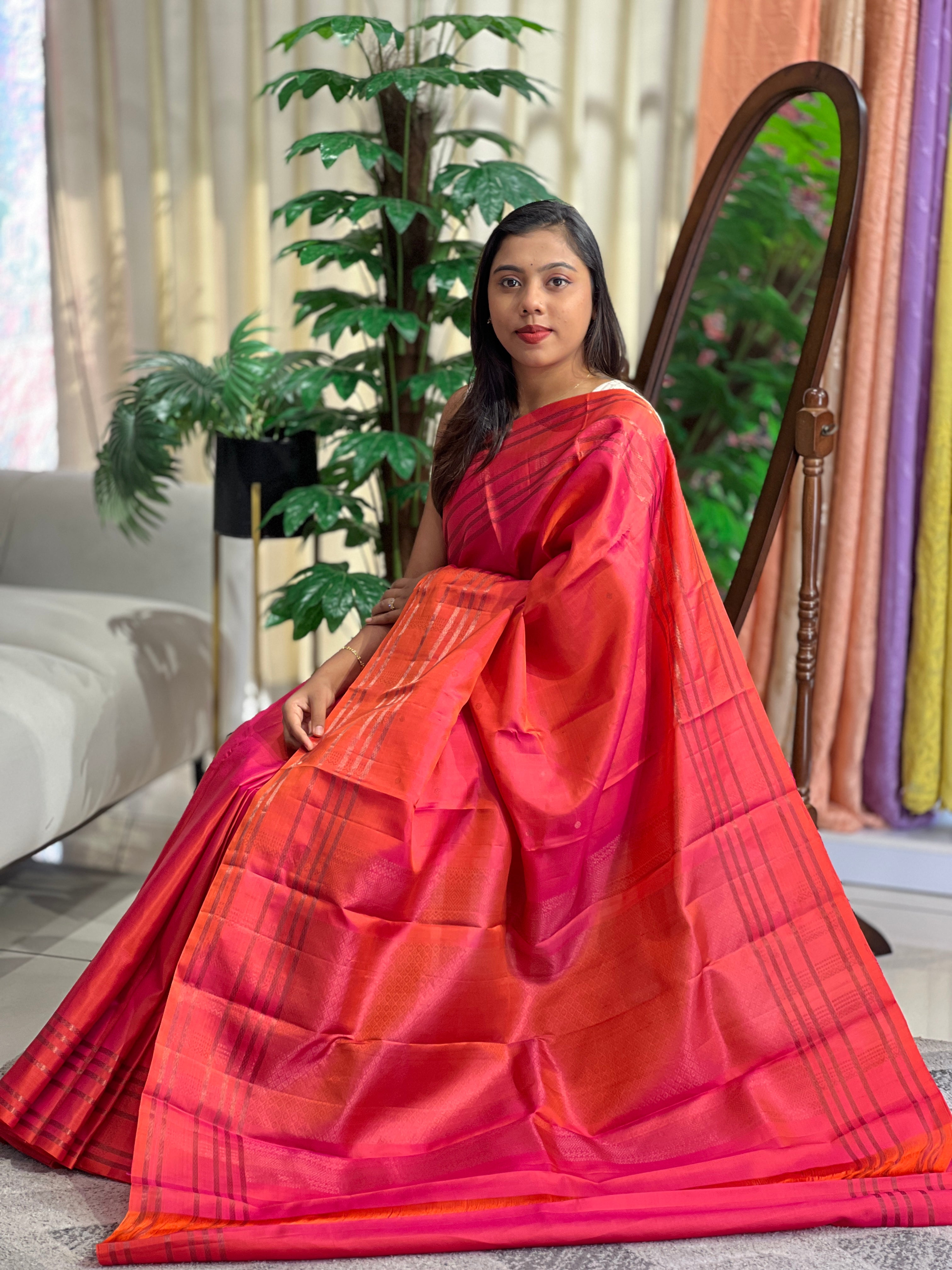 Sun Set Orange Handloom Soft Silk Kanchipuram Saree | RTD155