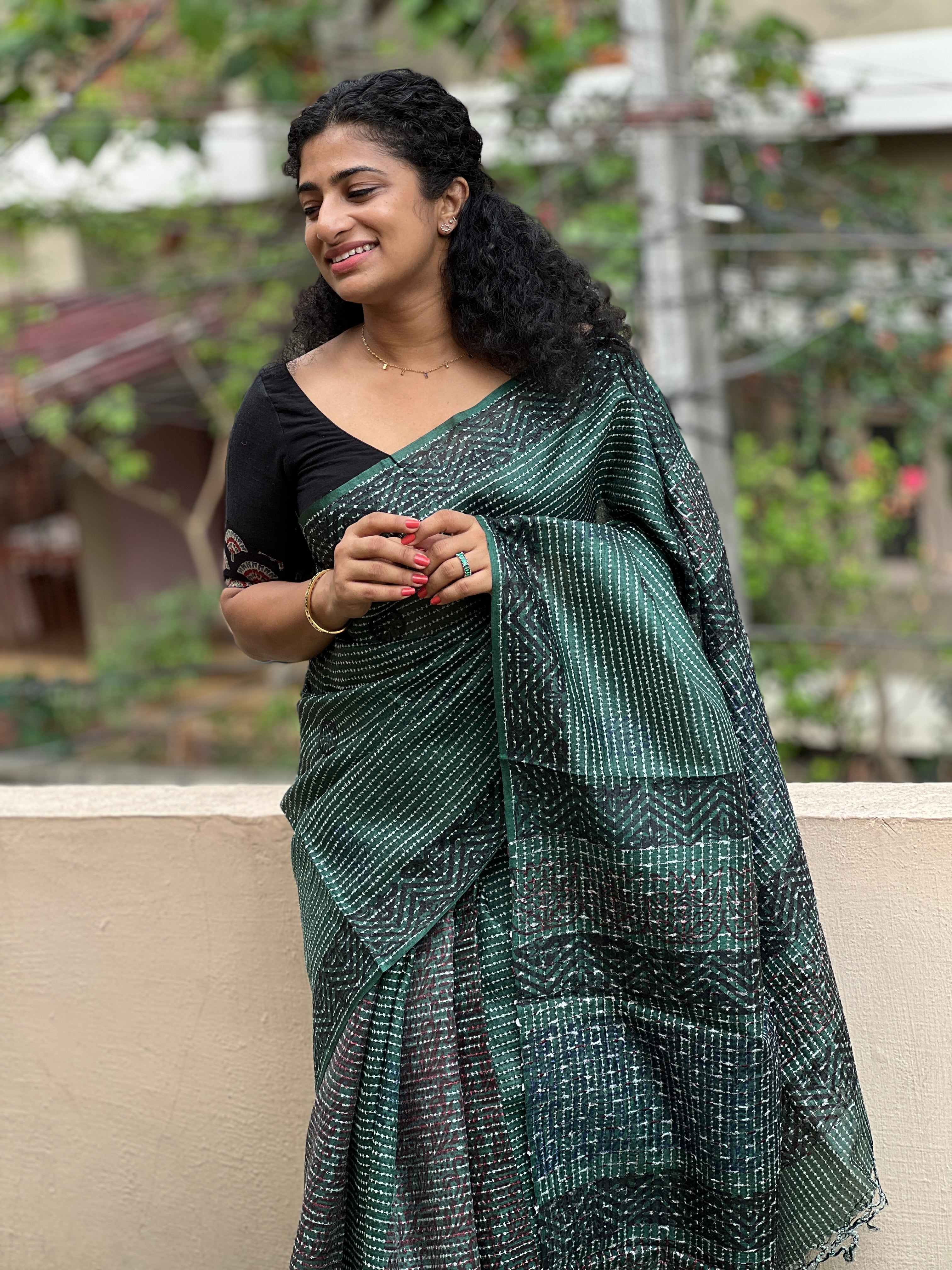 Block Printed Tussar Organza Saree | SKH201