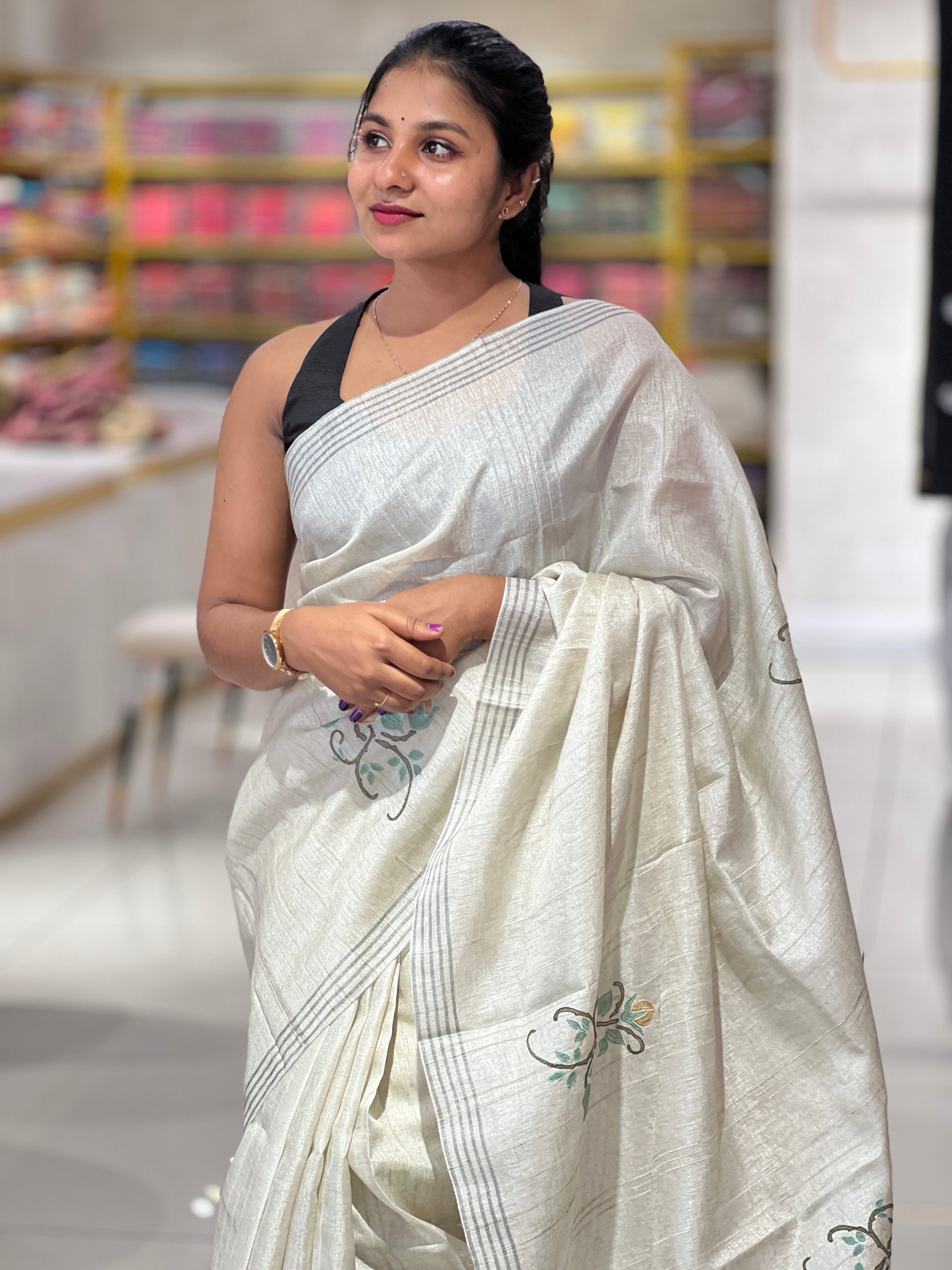 Floral Applique With Embroidery Detailed Noil Tussar Finish Saree | BLD1469