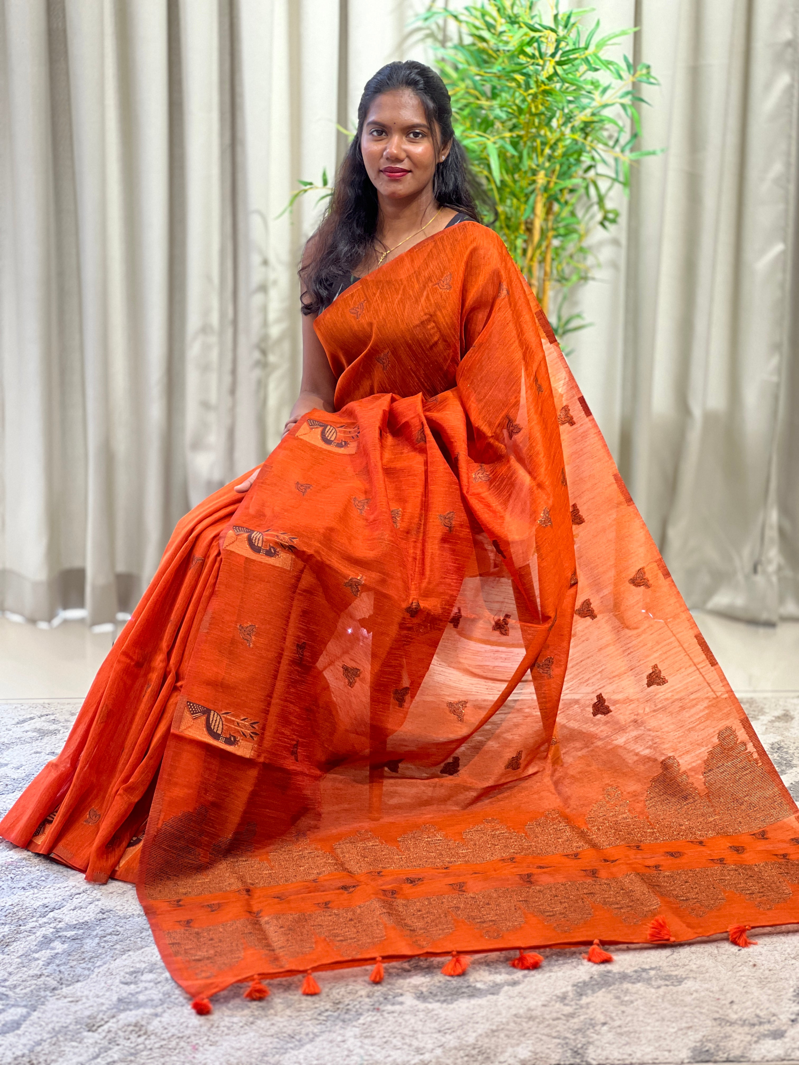 Peacock Motifs Semi Jute Saree | YNG1620