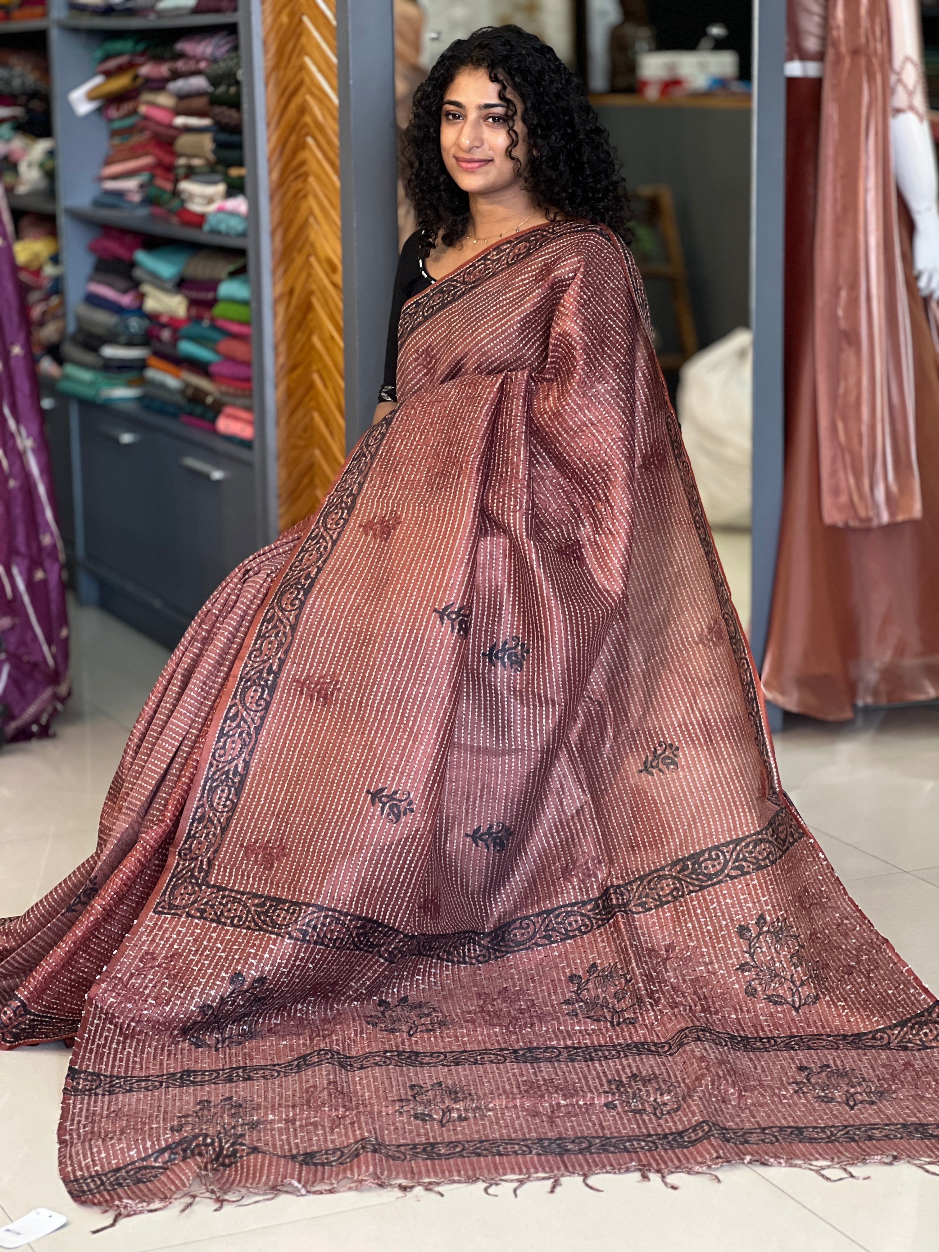 Block Printed Tussar Organza Saree | SKH207