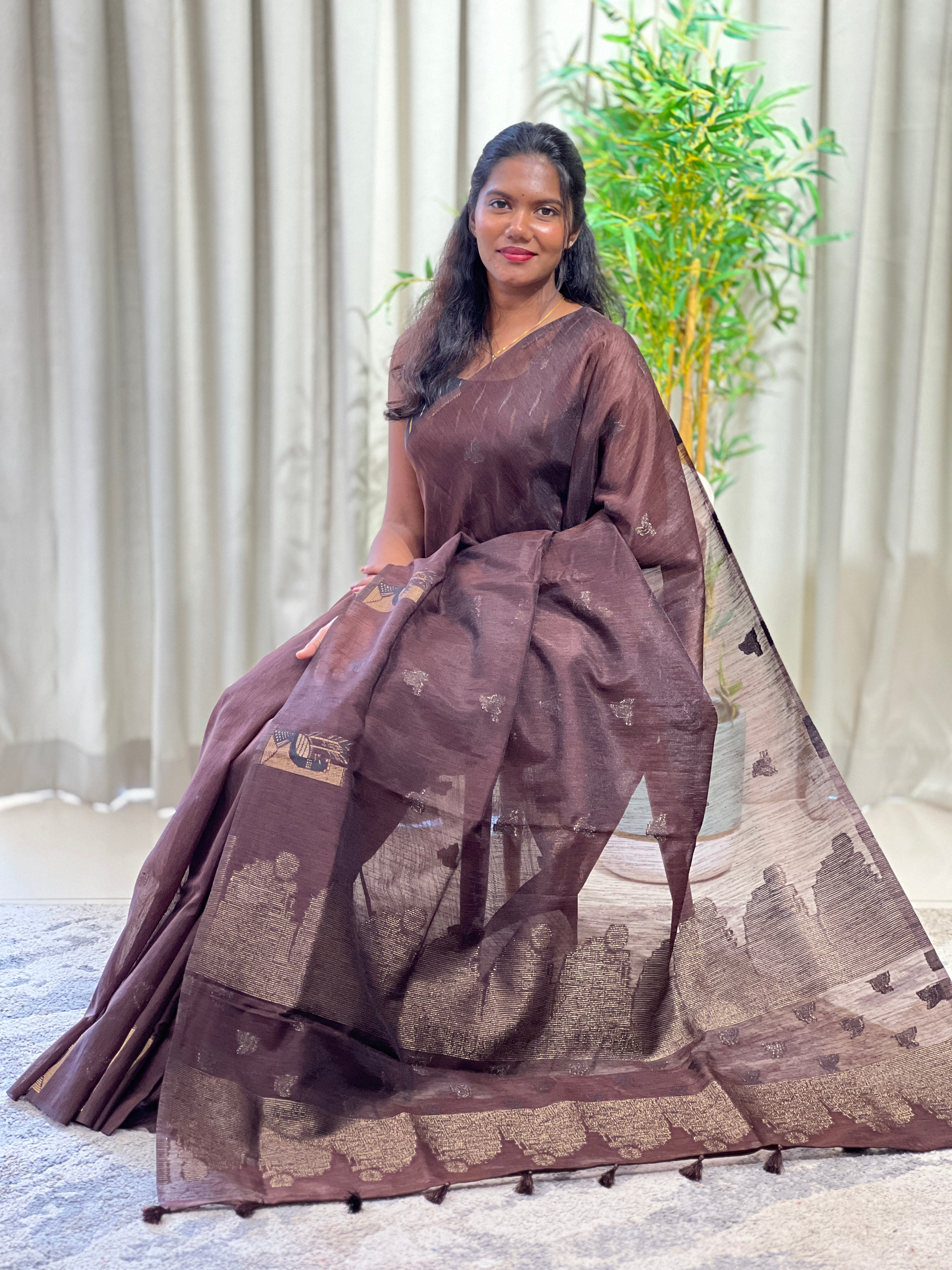 Peacock Motifs Semi Jute Saree | YNG1623