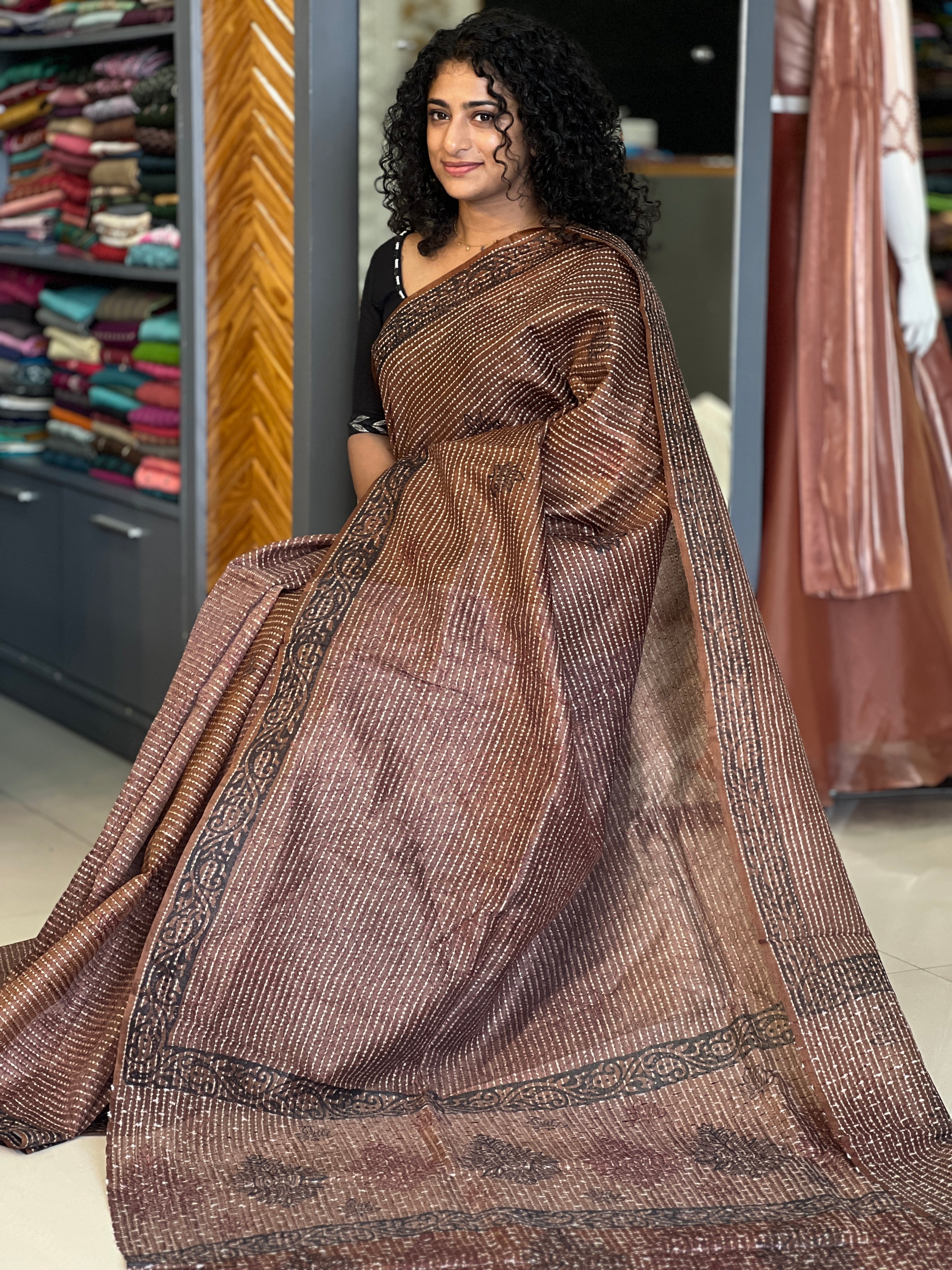 Hand Block Printed Tussar Organza Saree | SKH208