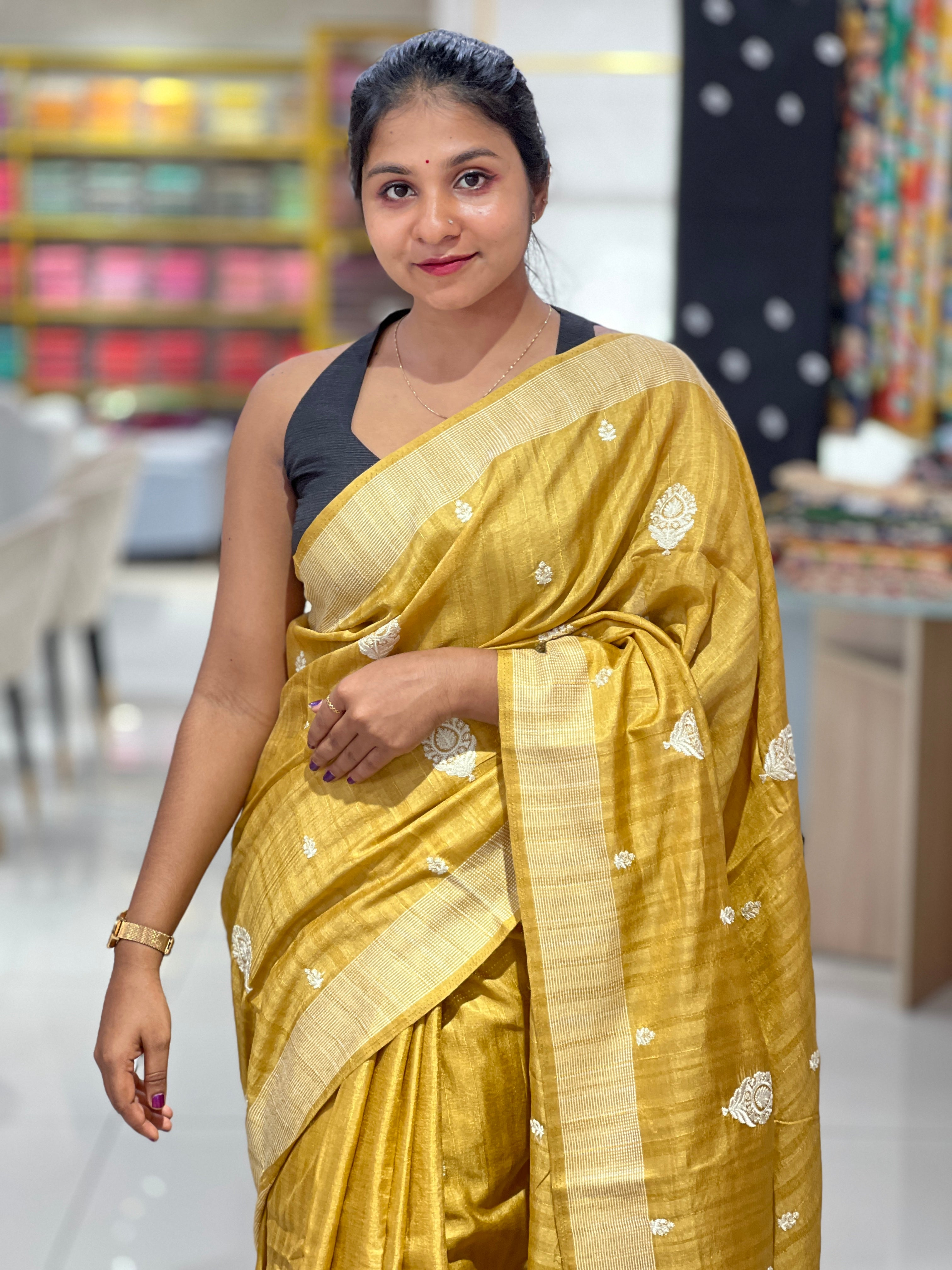 Machine Embroidery With Kantha Border Detailed Tussar Finish Saree | SUN319