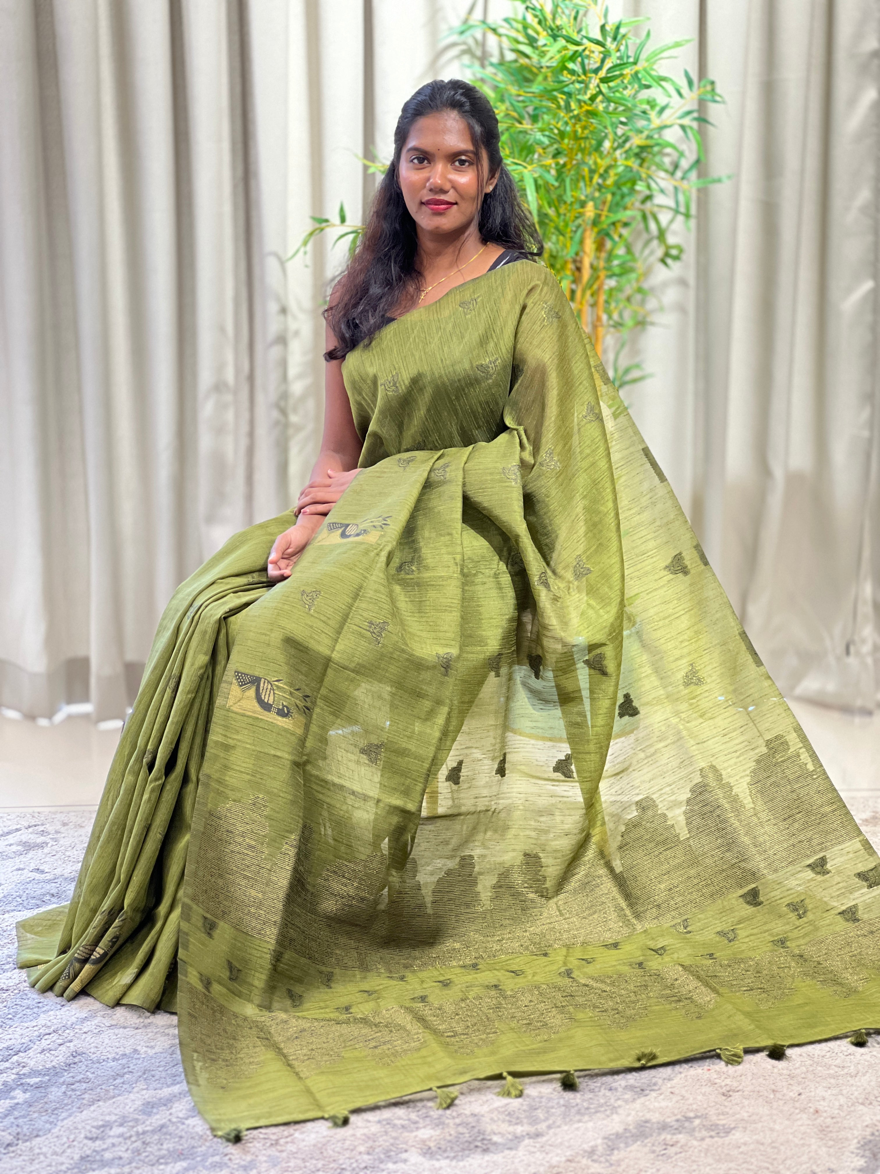 Peacock Motifs Semi Jute Saree | YNG1625