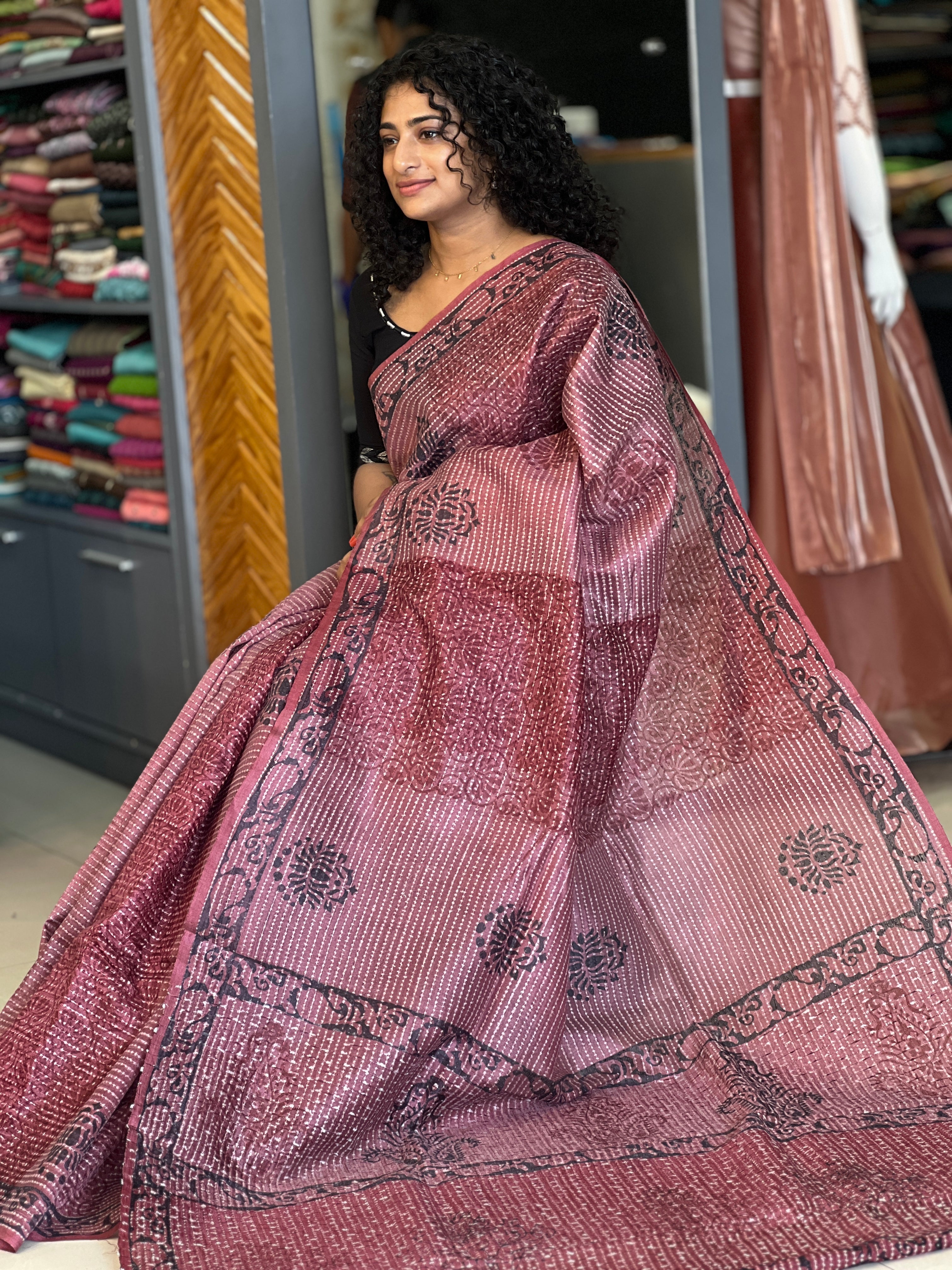 Block Printed Tussar Organza Saree | SKH214