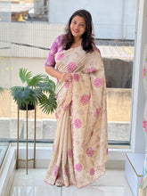 Digital Print With Applique Detailed Semi Tussar Saree | HT237