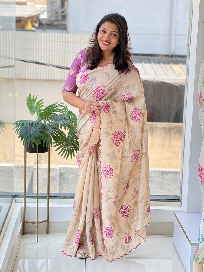 Digital Print With Applique Detailed Semi Tussar Saree | HT237