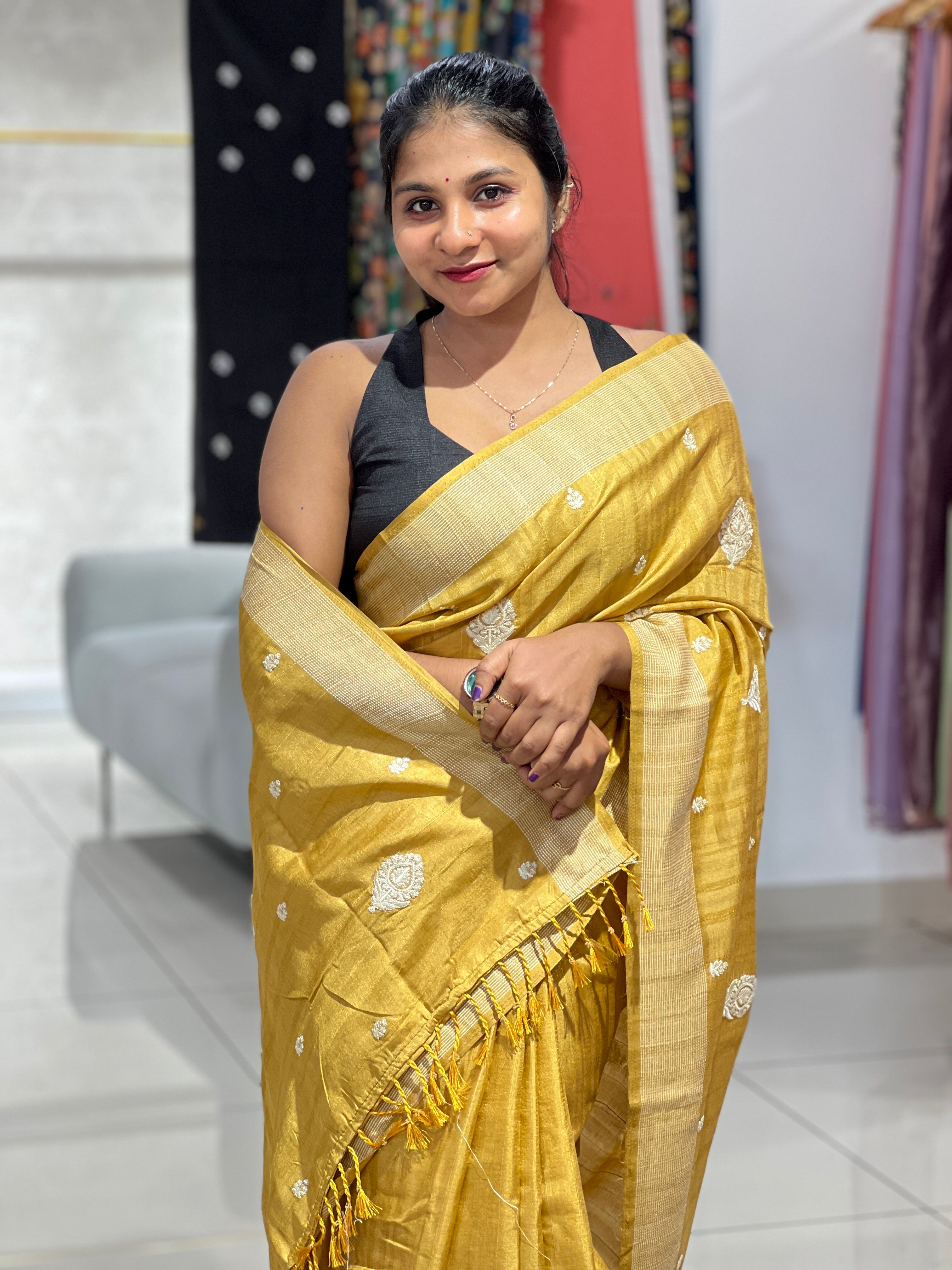 Machine Embroidery With Kantha Border Detailed Tussar Finish Saree | SUN319