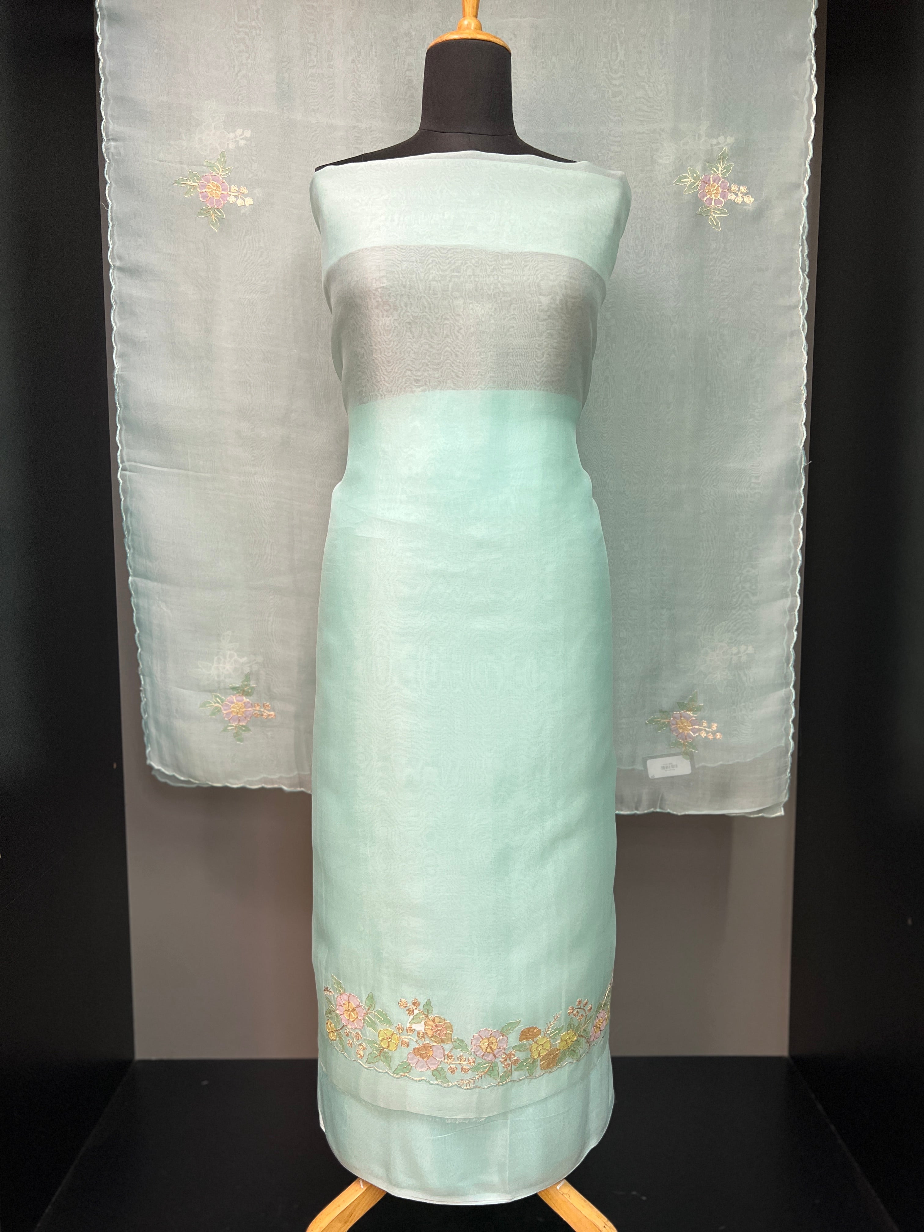 Floral Applique With Pitta Work Highlighted Pure Organza Salwar Set | SBS1291