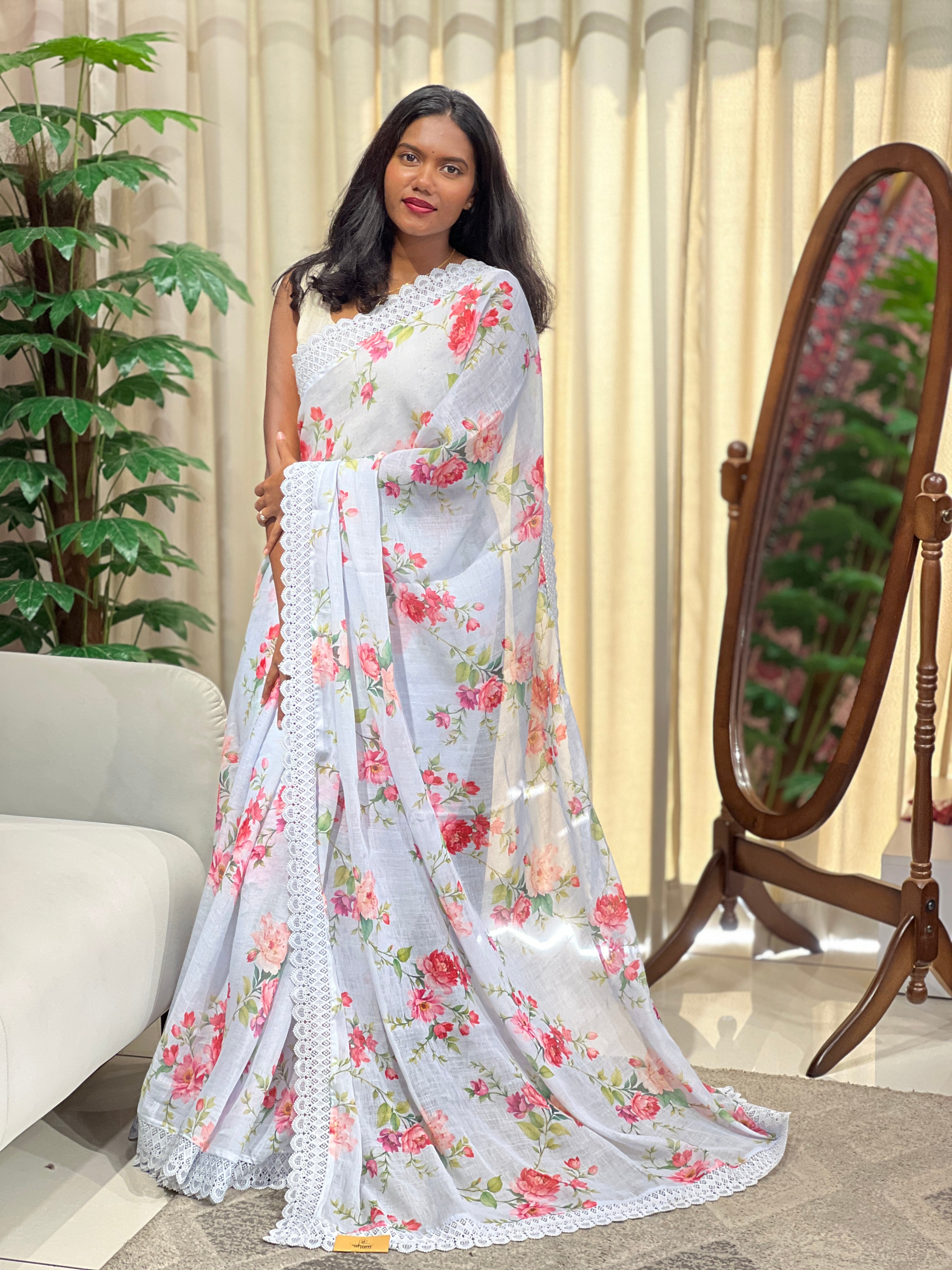 Floral Digital Printed Semi Linen Saree | HT443