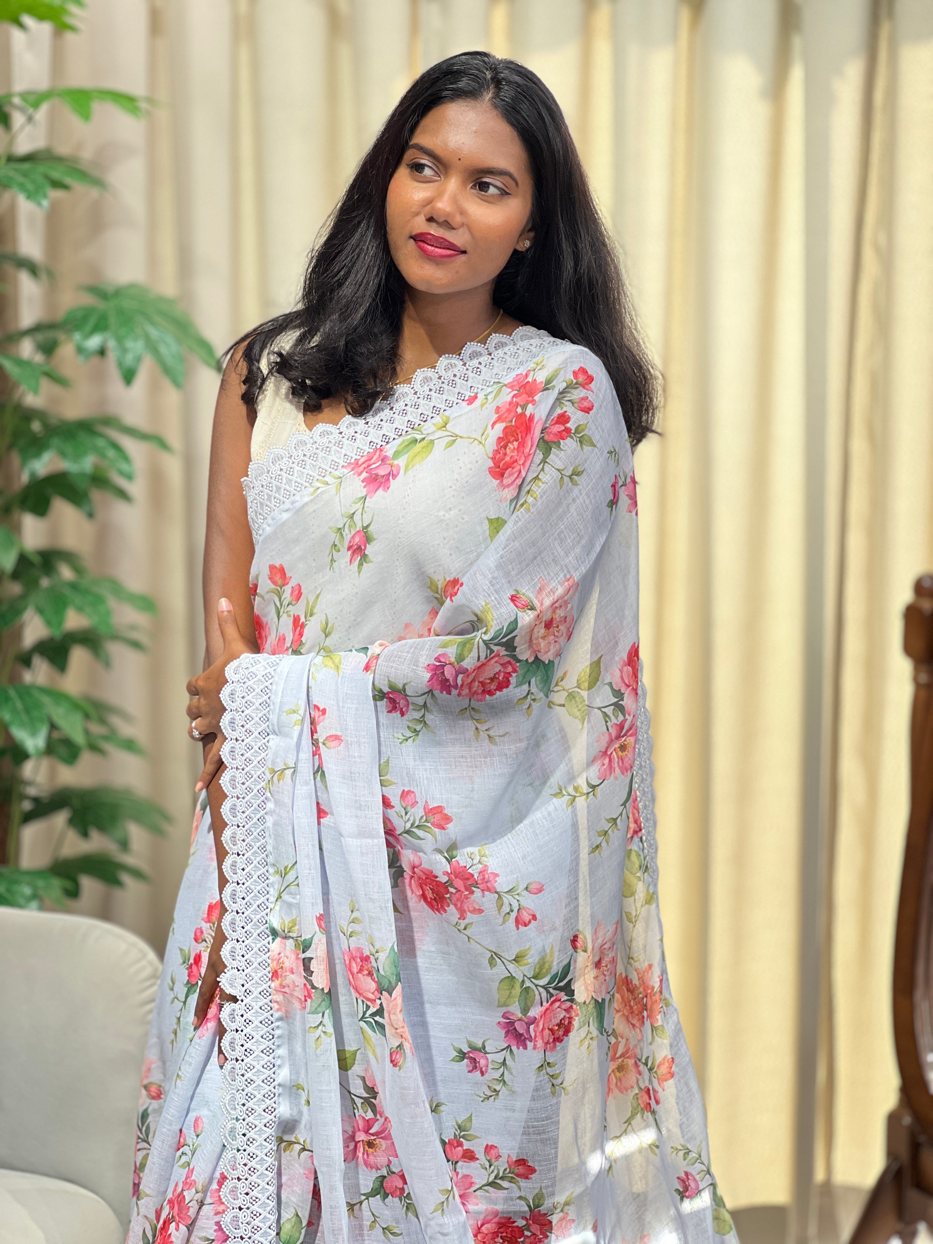 Floral Digital Printed Semi Linen Saree | HT443