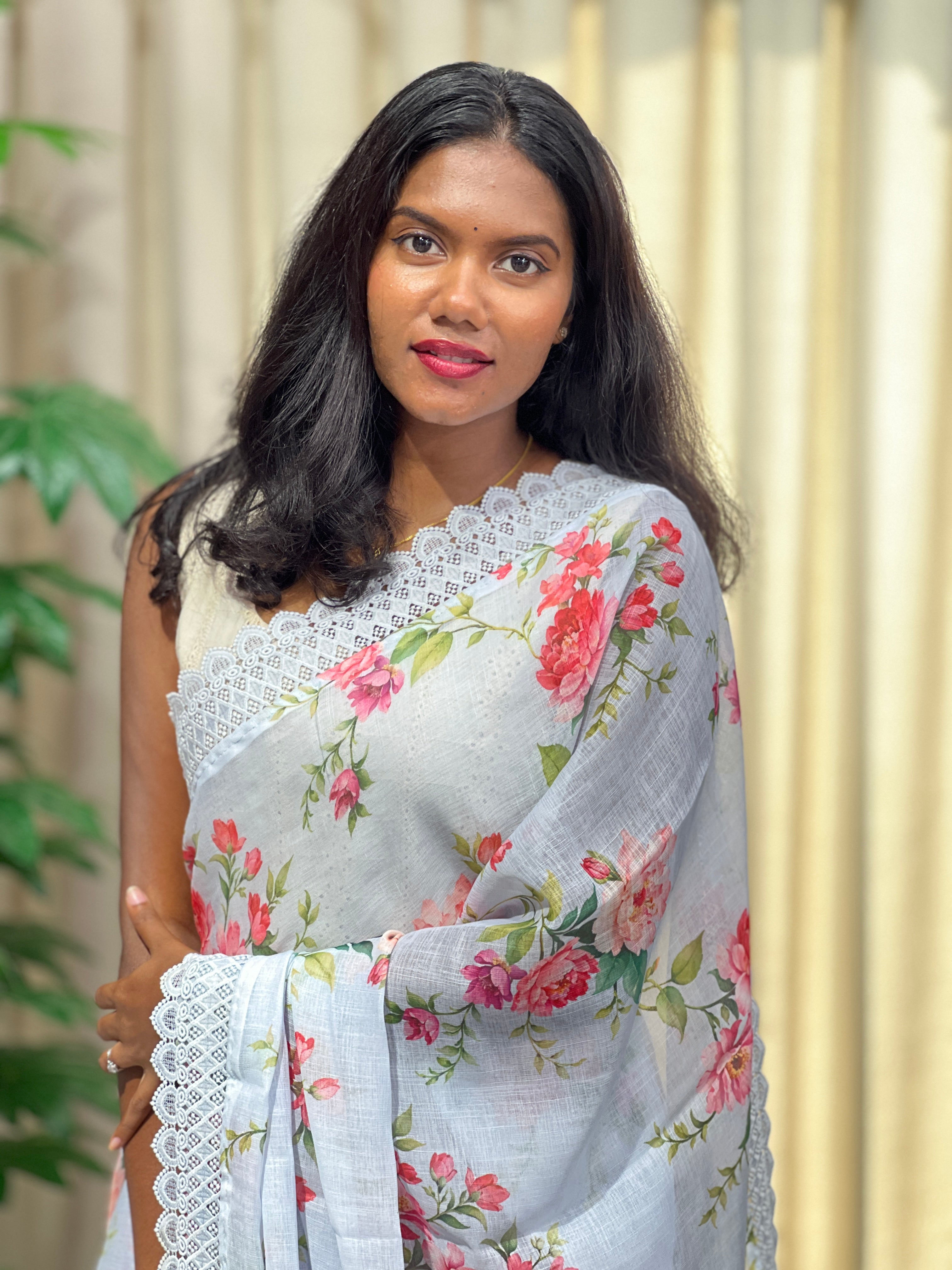 Floral Digital Printed Semi Linen Saree | HT443