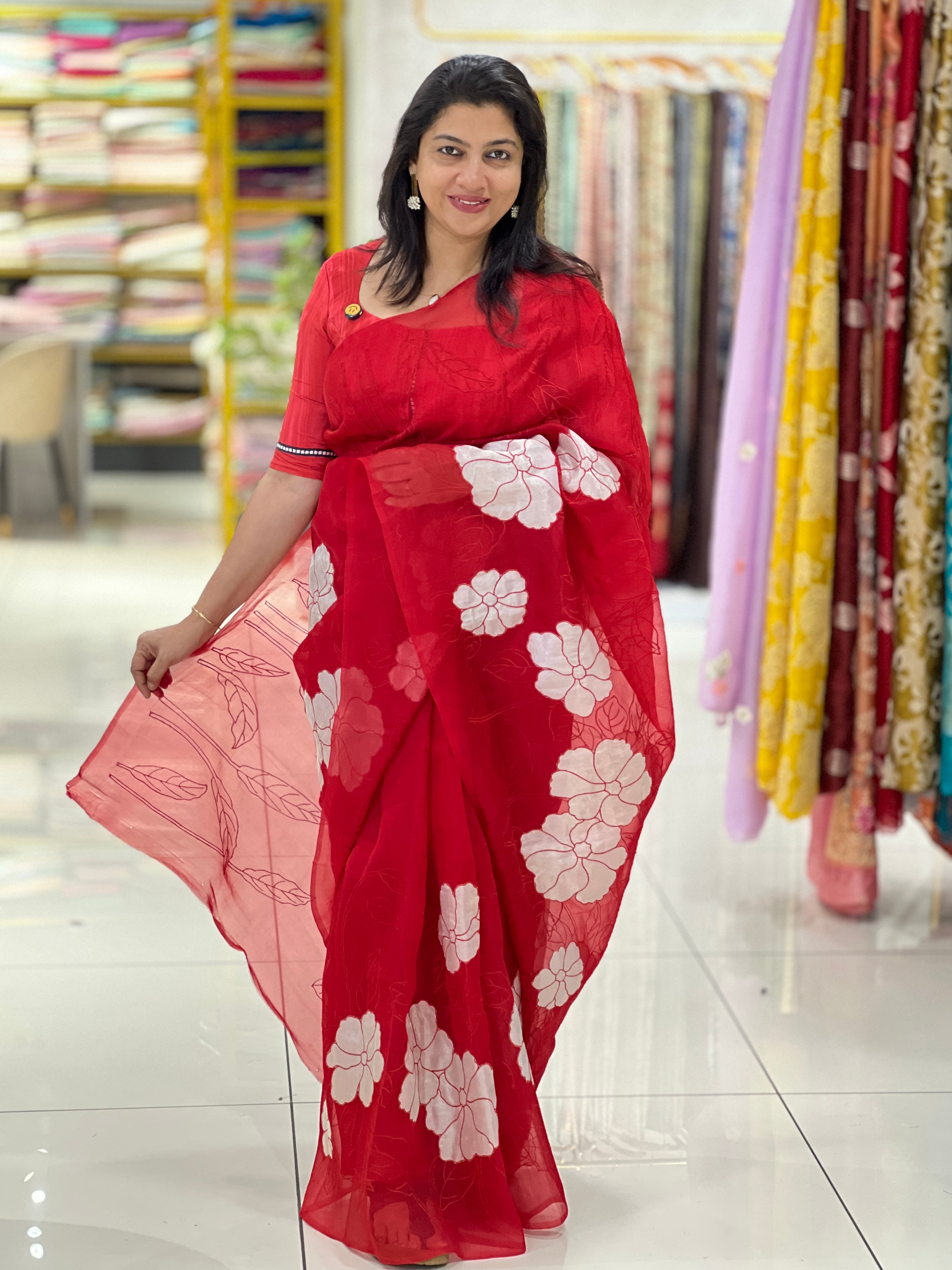 Floral Applique Work Detailed Pure Organza Saree | MM164