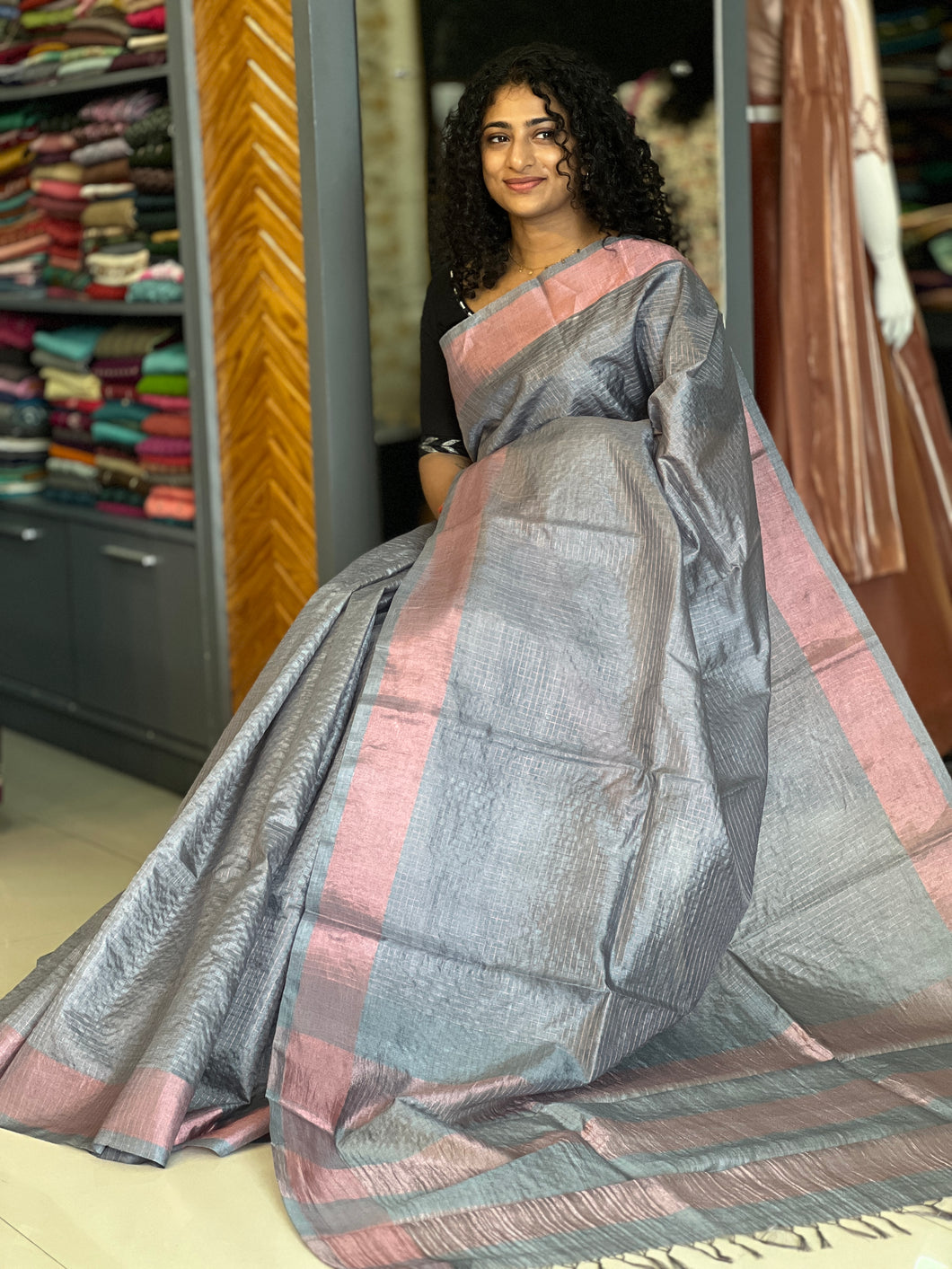 Check Weaved Bamboo Tussar Saree | SKH217