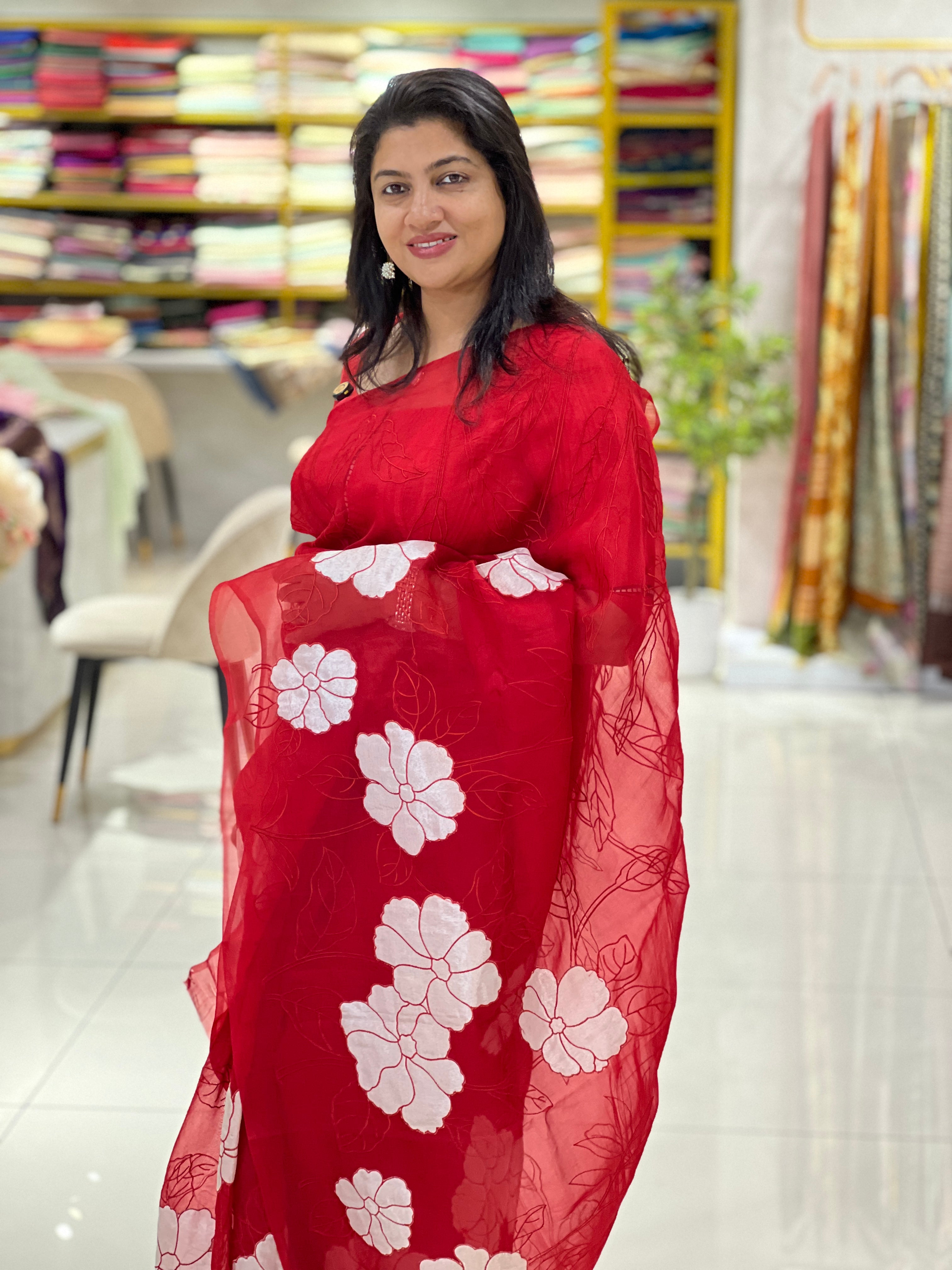 Floral Applique Work Detailed Pure Organza Saree | MM164