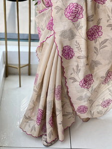 Digital Print With Applique Detailed Semi Tussar Saree | HT237