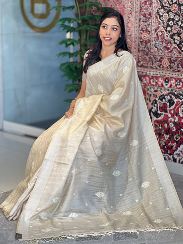 Machine Embroidery With Kantha Border Detailed Tussar Finish Saree | SUN318