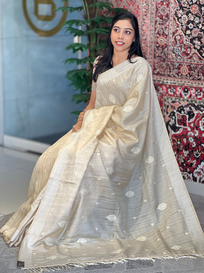 Machine Embroidery With Kantha Border Detailed Tussar Finish Saree | SUN318