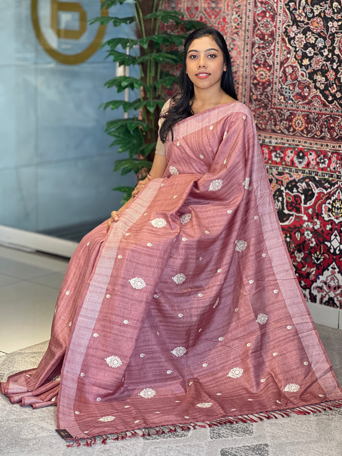 Machine Embroidery With Kantha Border Detailed Tussar Finish Saree | SUN317