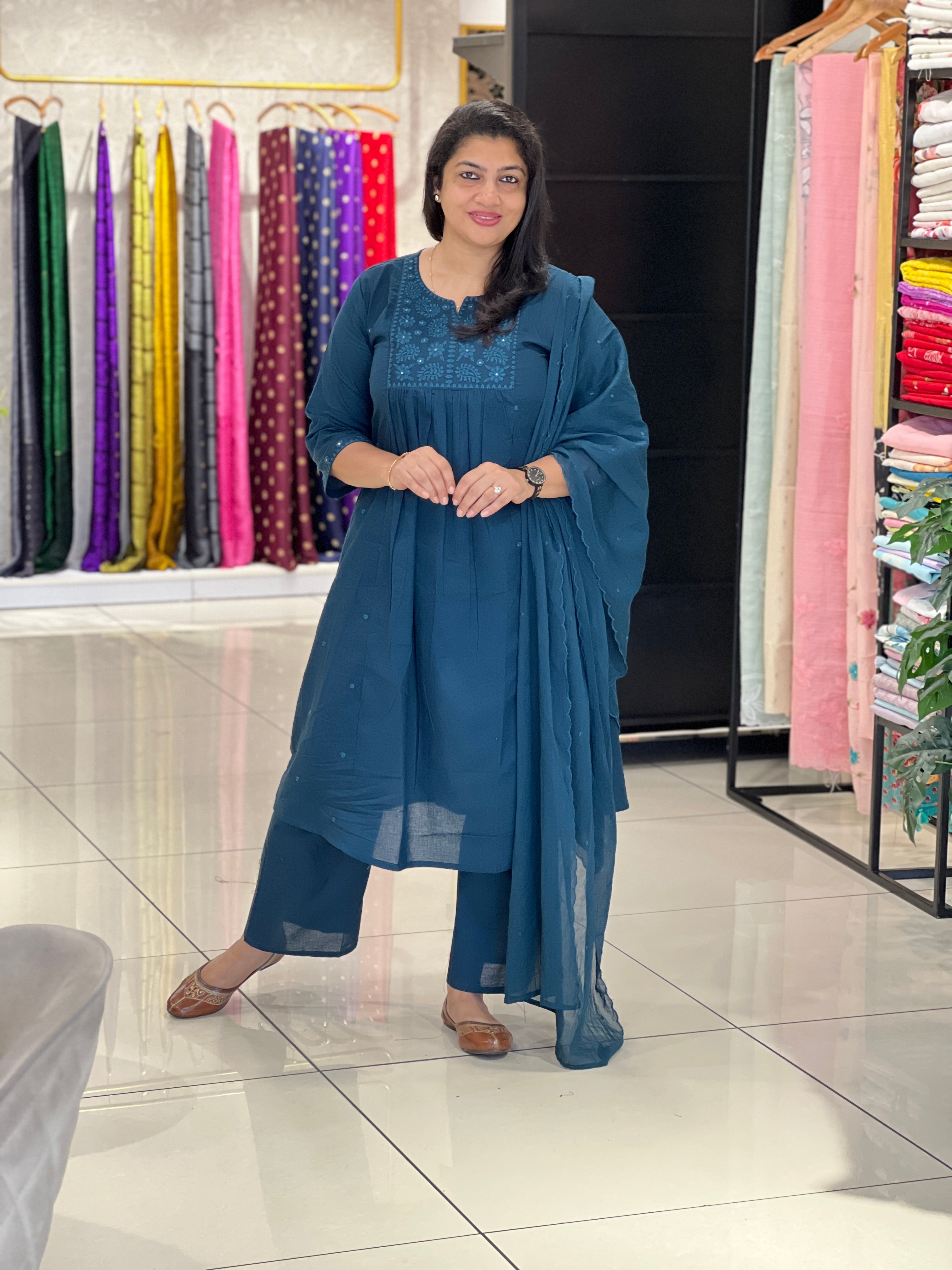 Lucknowi Machine Embroidery Cotton Kurta Set | OMF198