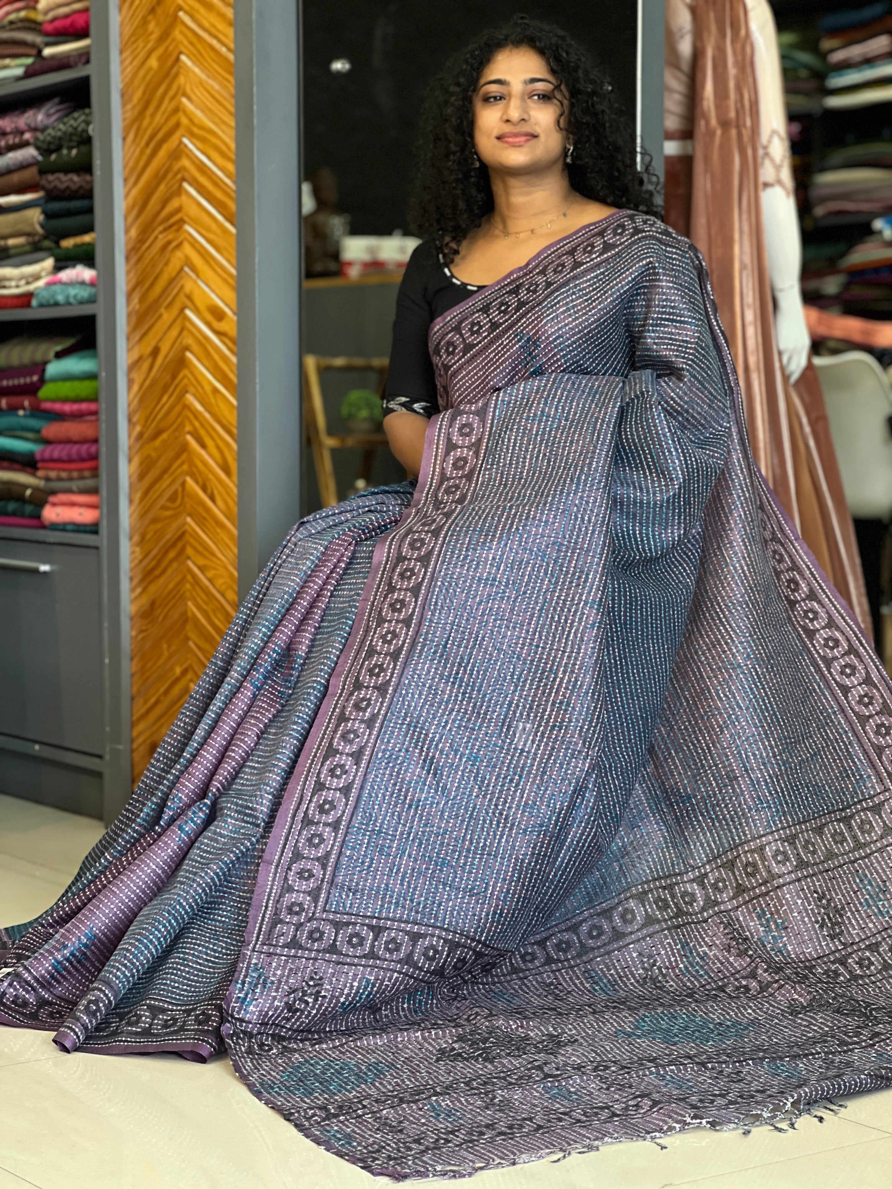 Block Printed Tussar Organza Saree | SKH205