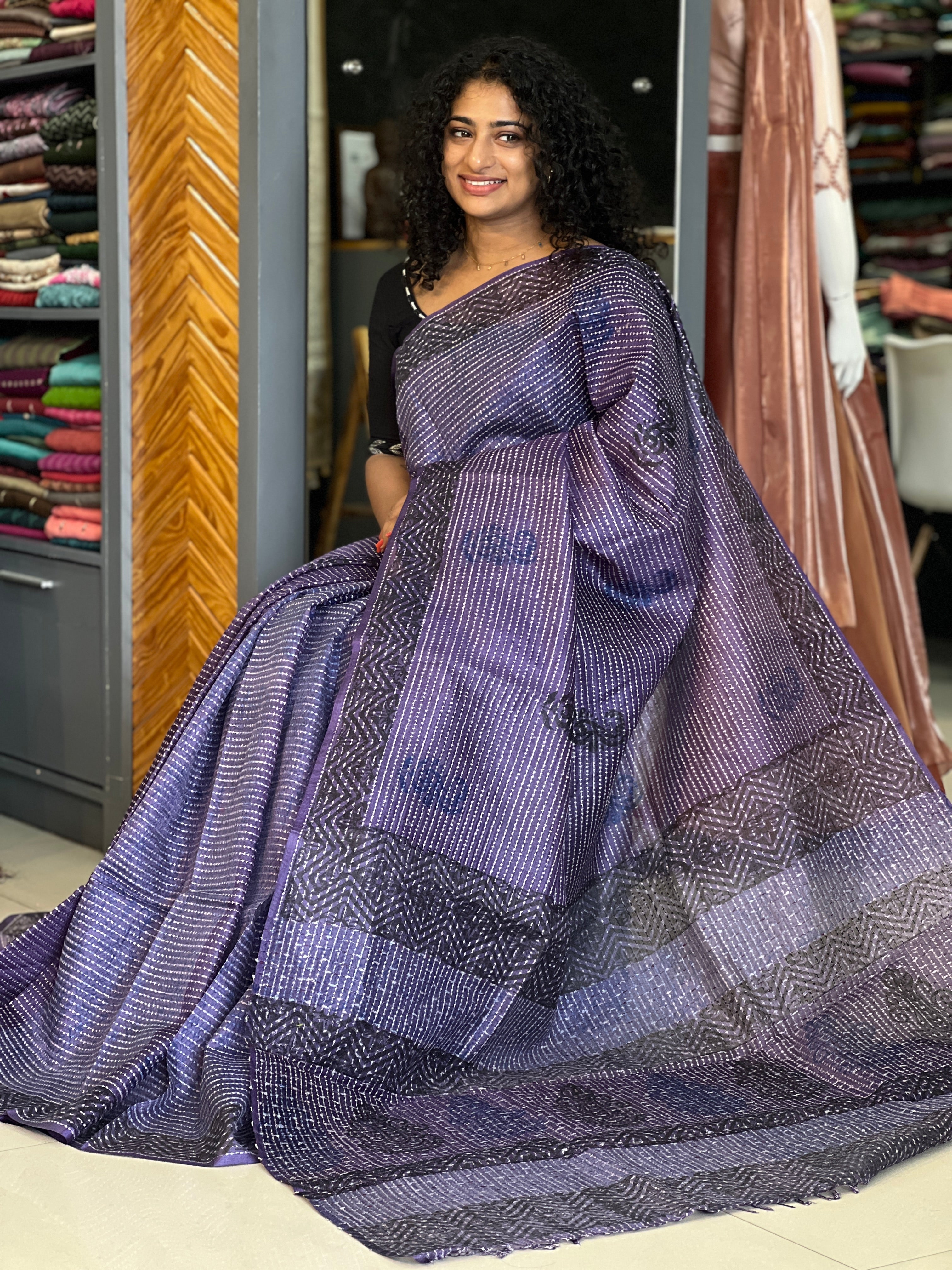 Block Printed Tussar Organza Saree | SKH202