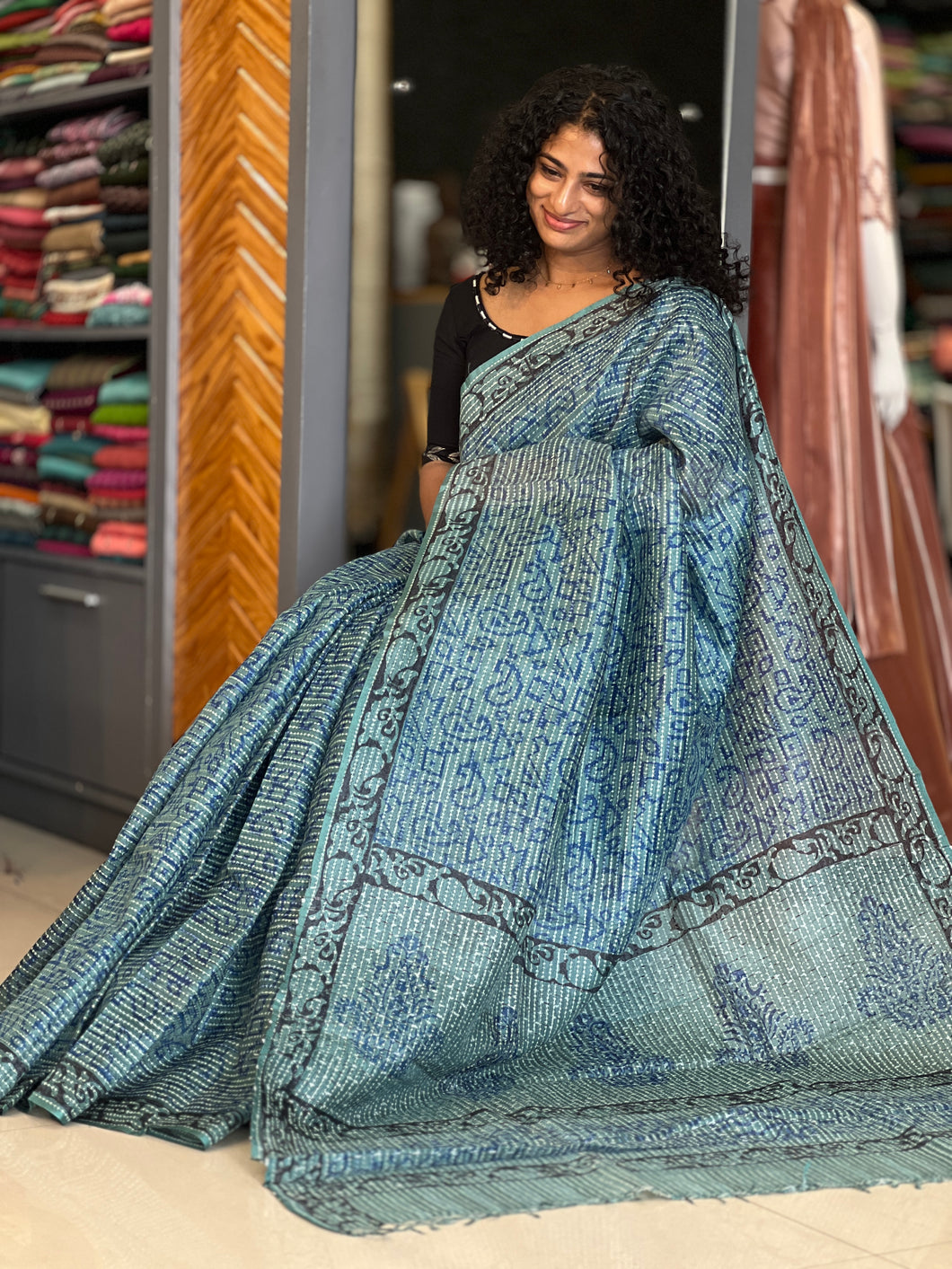 Blue Color Block Printed Tussar Organza Saree | SKH204