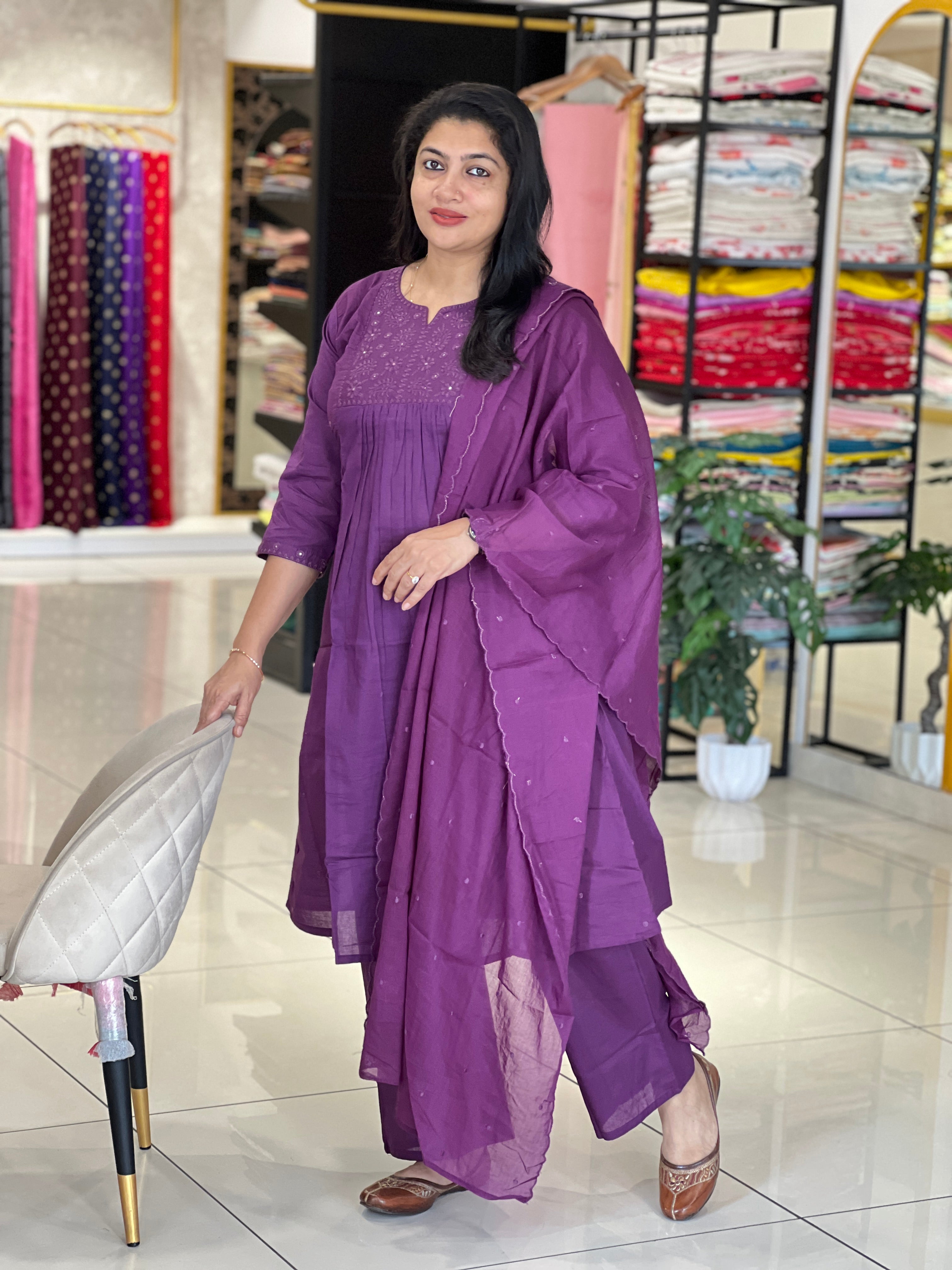 Lucknowi Machine Embroidery Cotton Kurta Set | OMF196