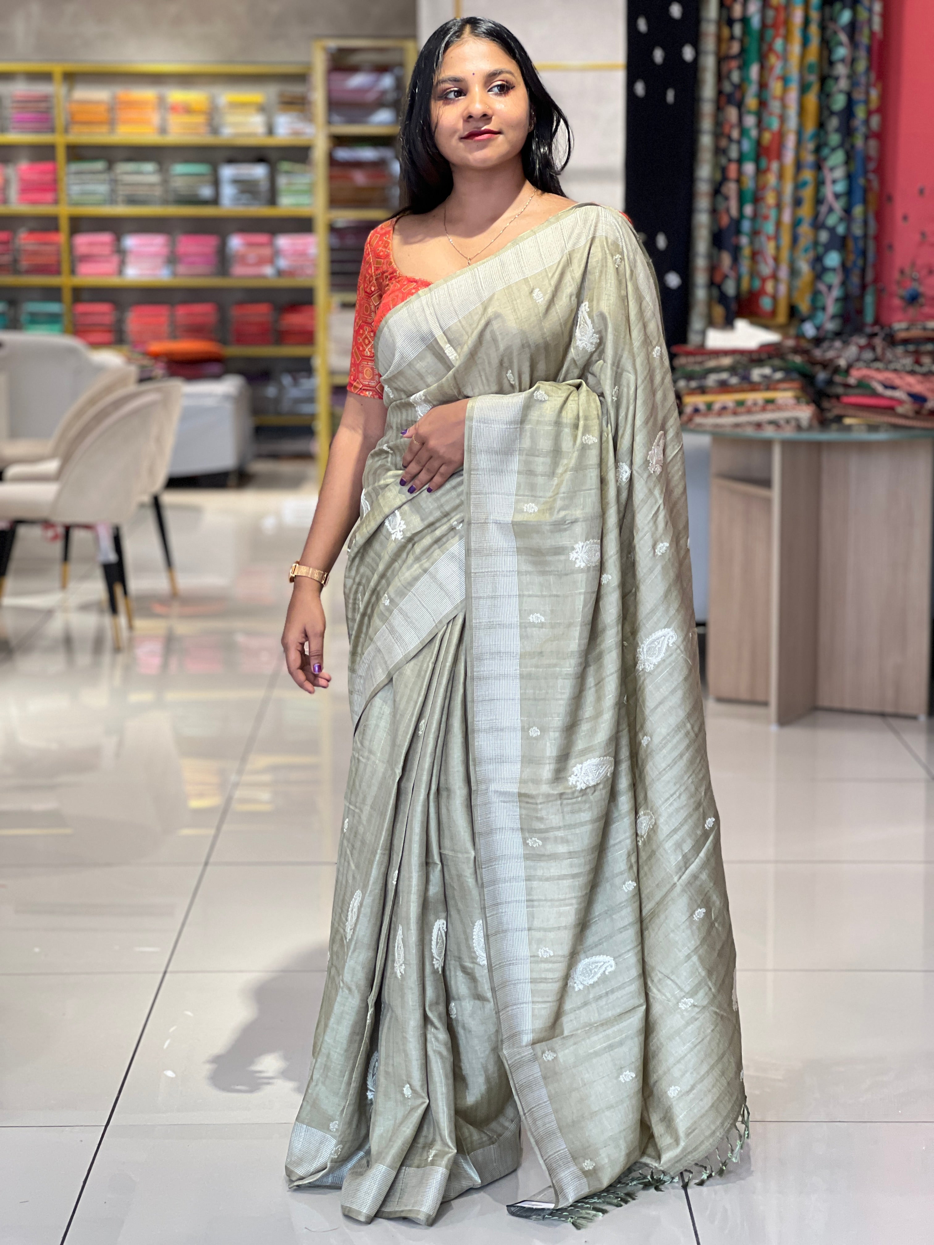 Paisley Machine Embroidery Detailed Semi Tussar Saree | SUN297