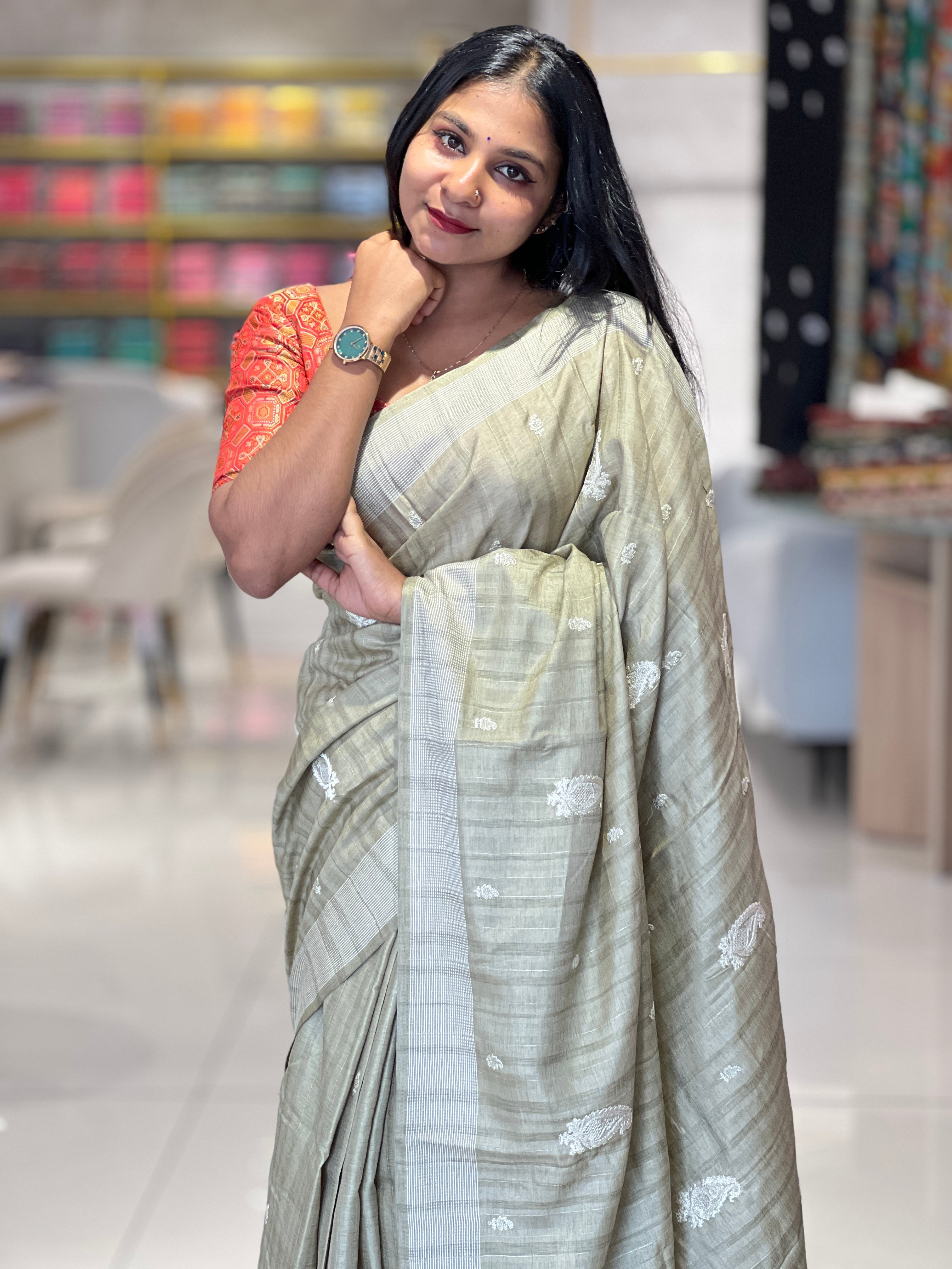 Paisley Machine Embroidery Detailed Semi Tussar Saree | SUN297