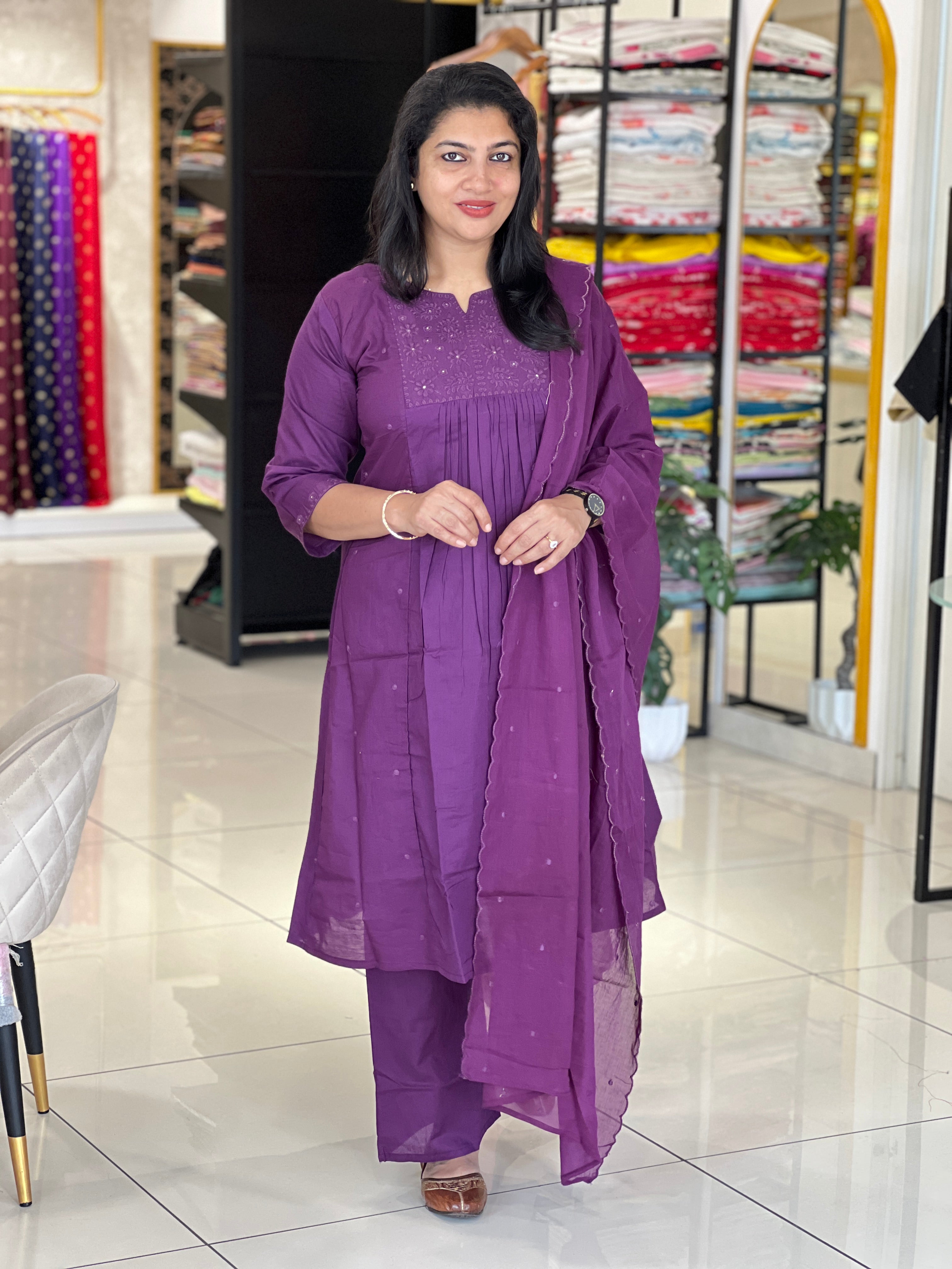 Lucknowi Machine Embroidery Cotton Kurta Set | OMF196