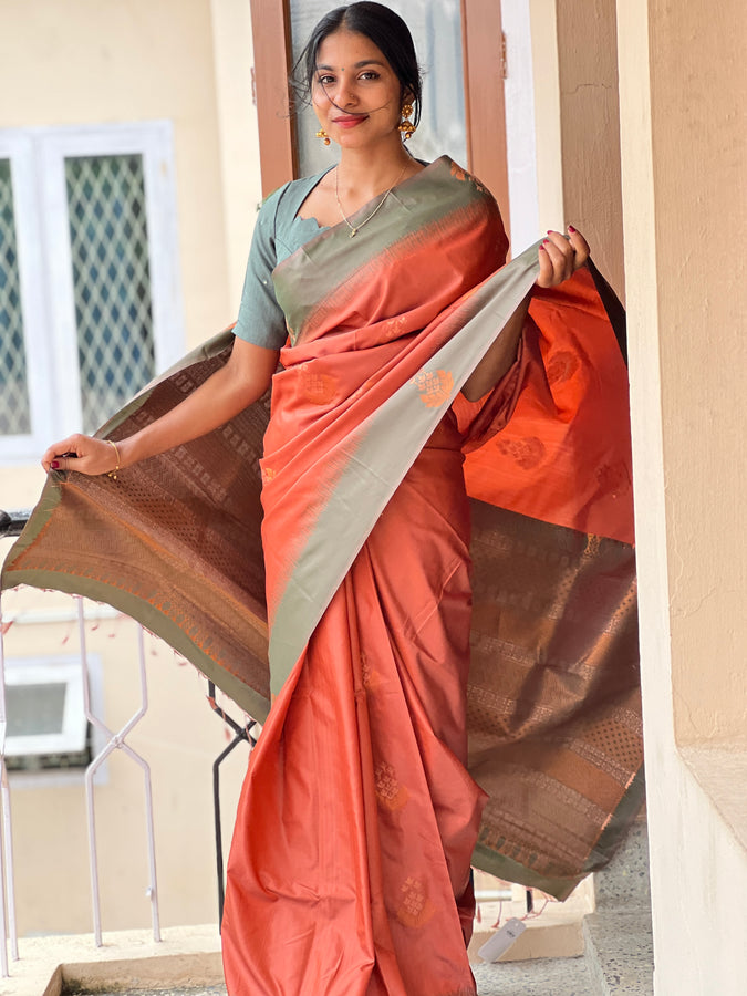 Copper & Antique Golden Zari Weaving Semi Silk Saree | TR149