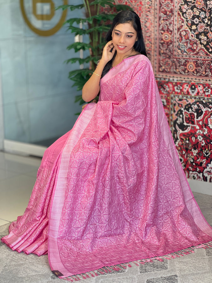 Thread Embroidery Geometric Patterned Semi Tussar Saree | SUN281