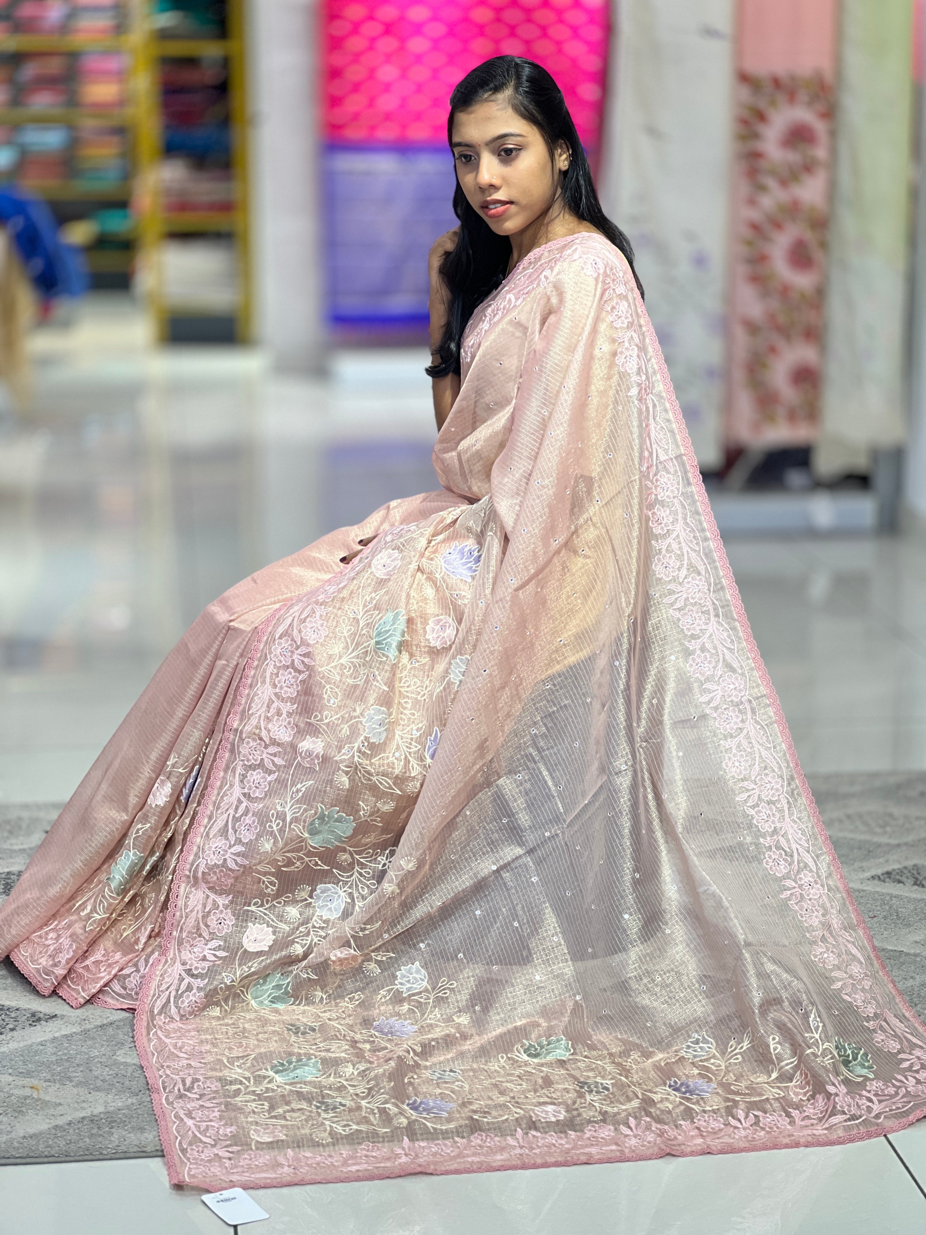 Floral Embroidery Detailed Tissue Saree | GMS263