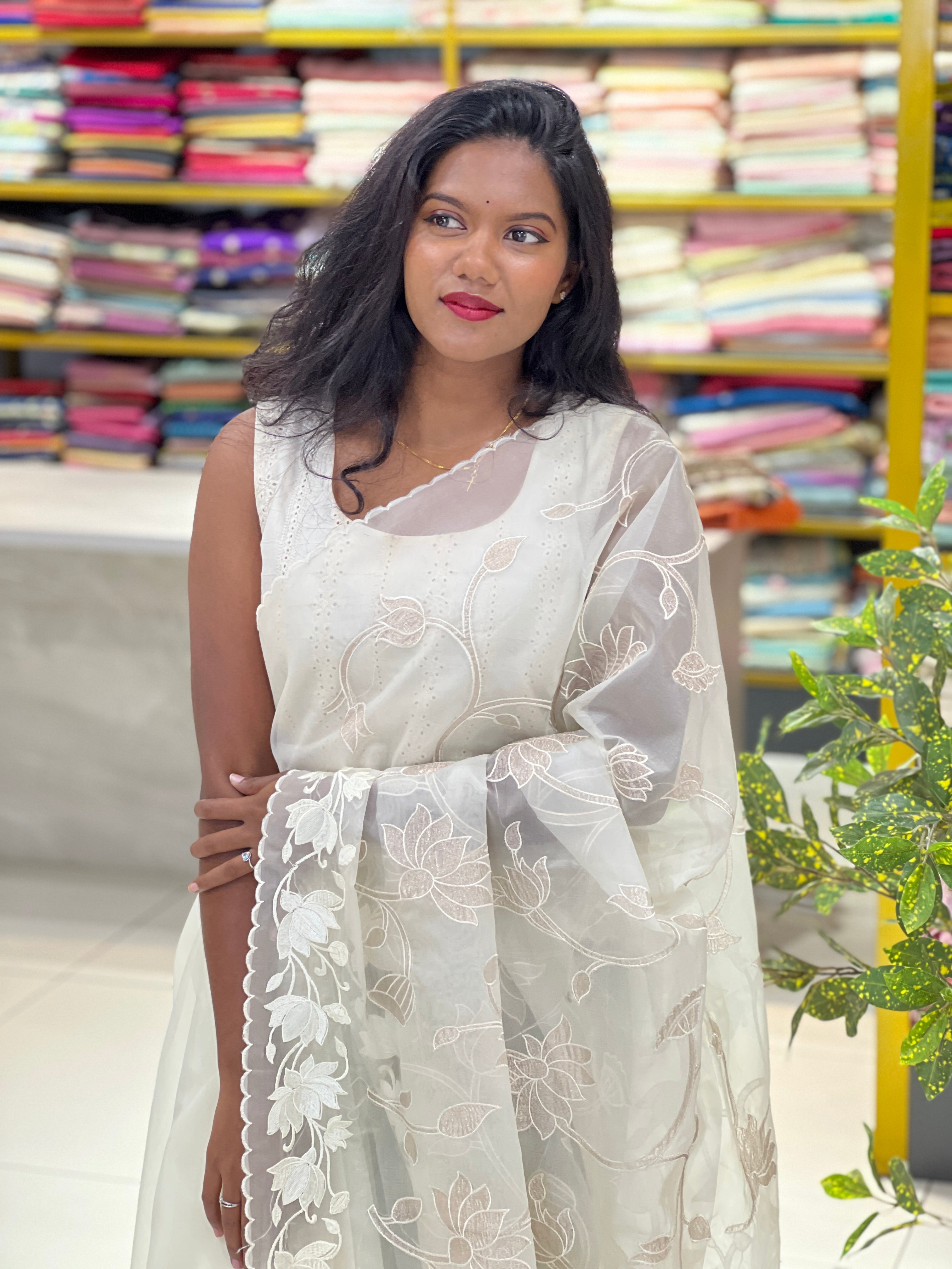 Floral Applique Work Detailed Pure Organza Saree | MM186