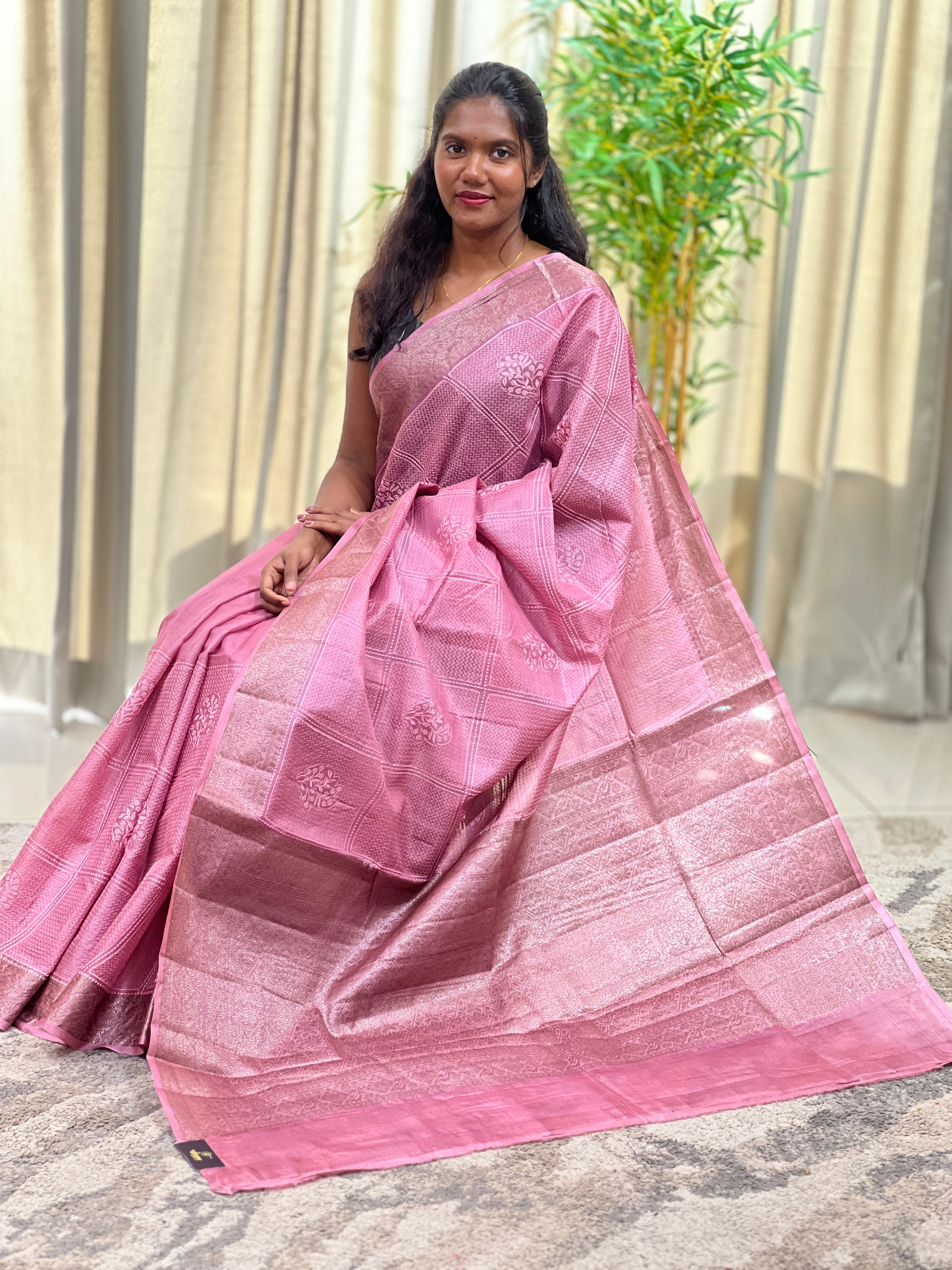 Check Patterned Embroidered Tussar Saree | ZSS104