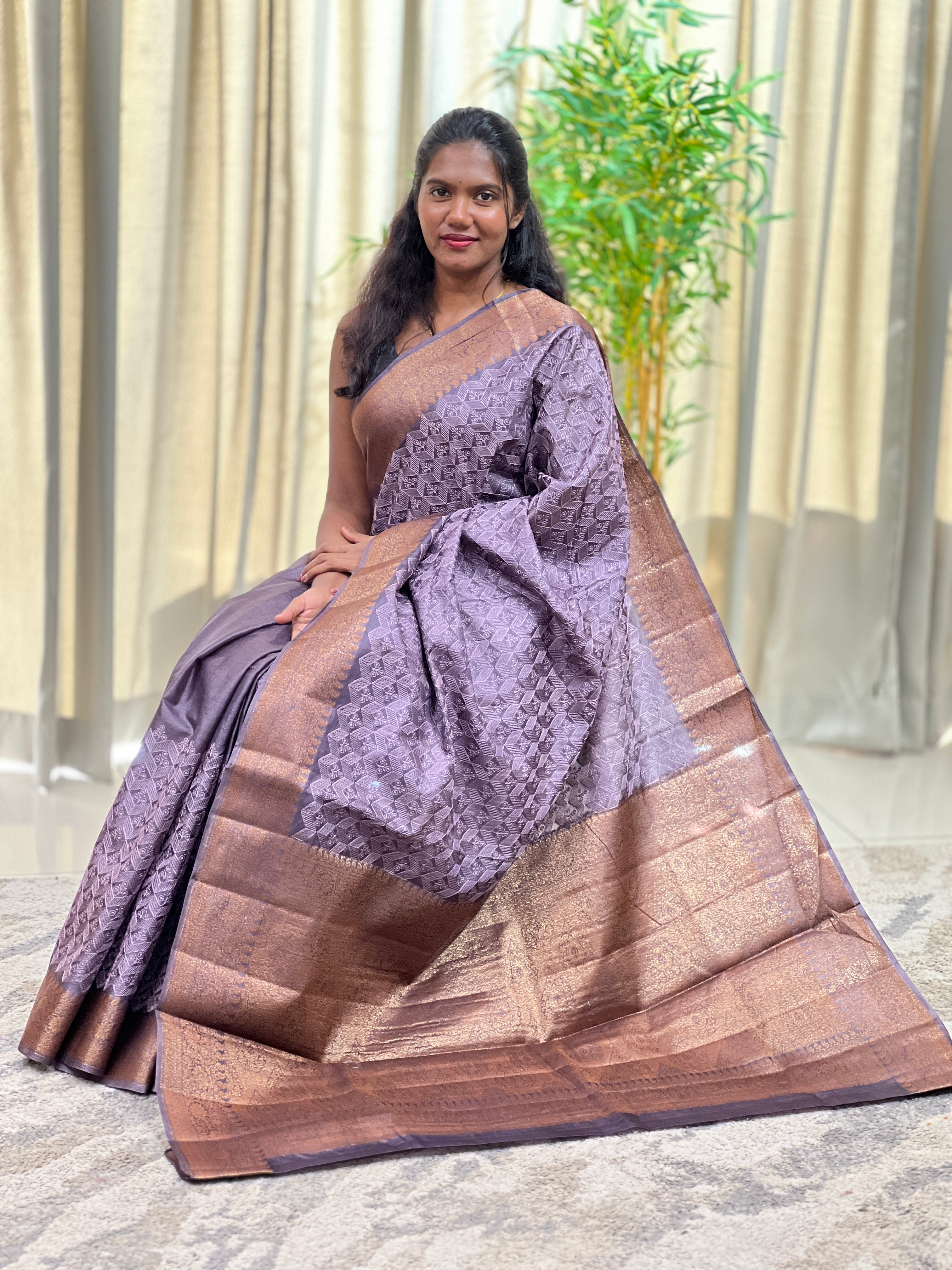 Check Patterned Embroidered Tussar Saree | ZSS101