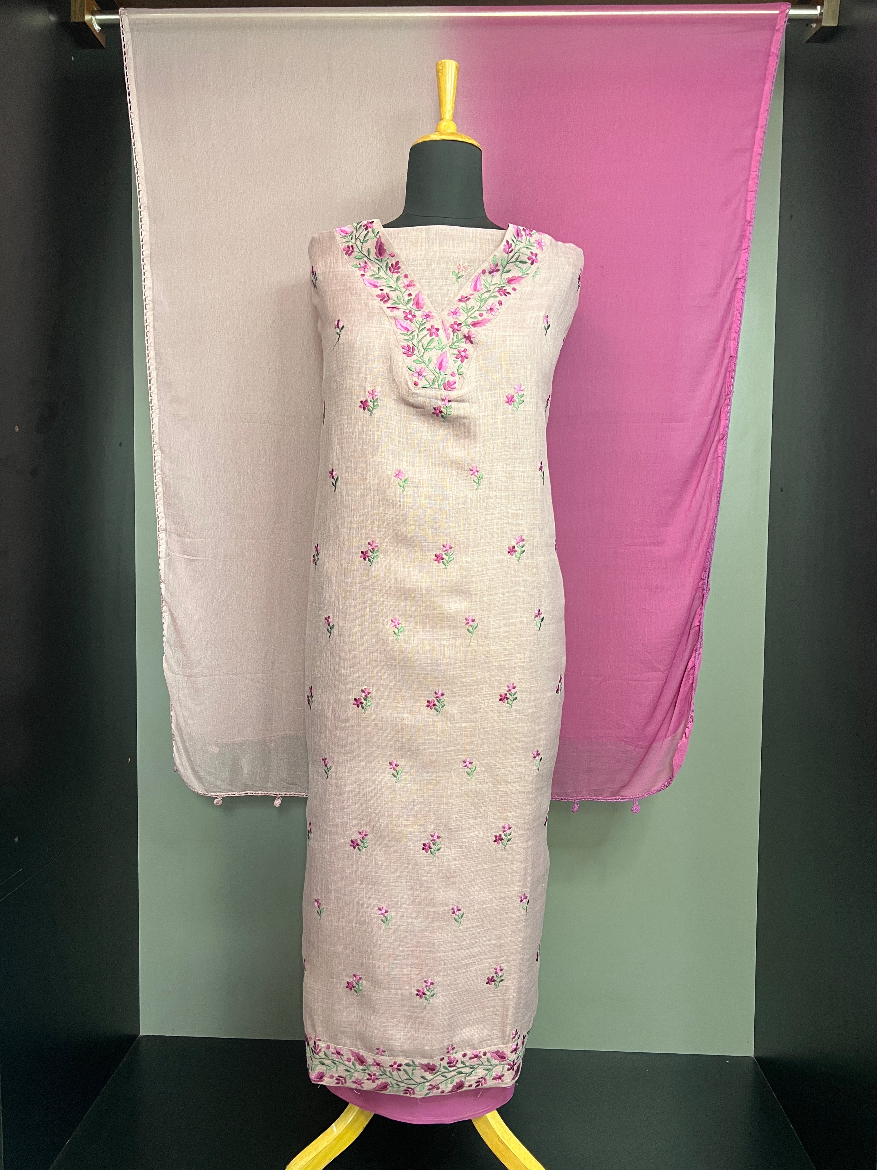Floral Embroidered Linen Semi Stitched Salwar set | JSC676