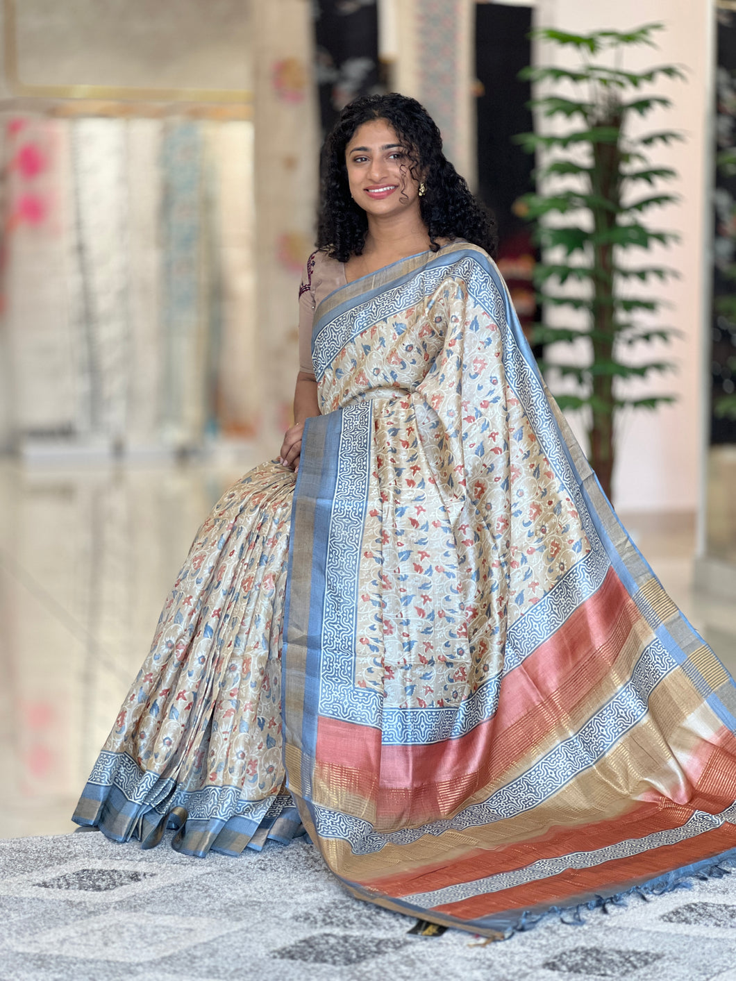 Block Printed Desi Tussar Saree | MNH379