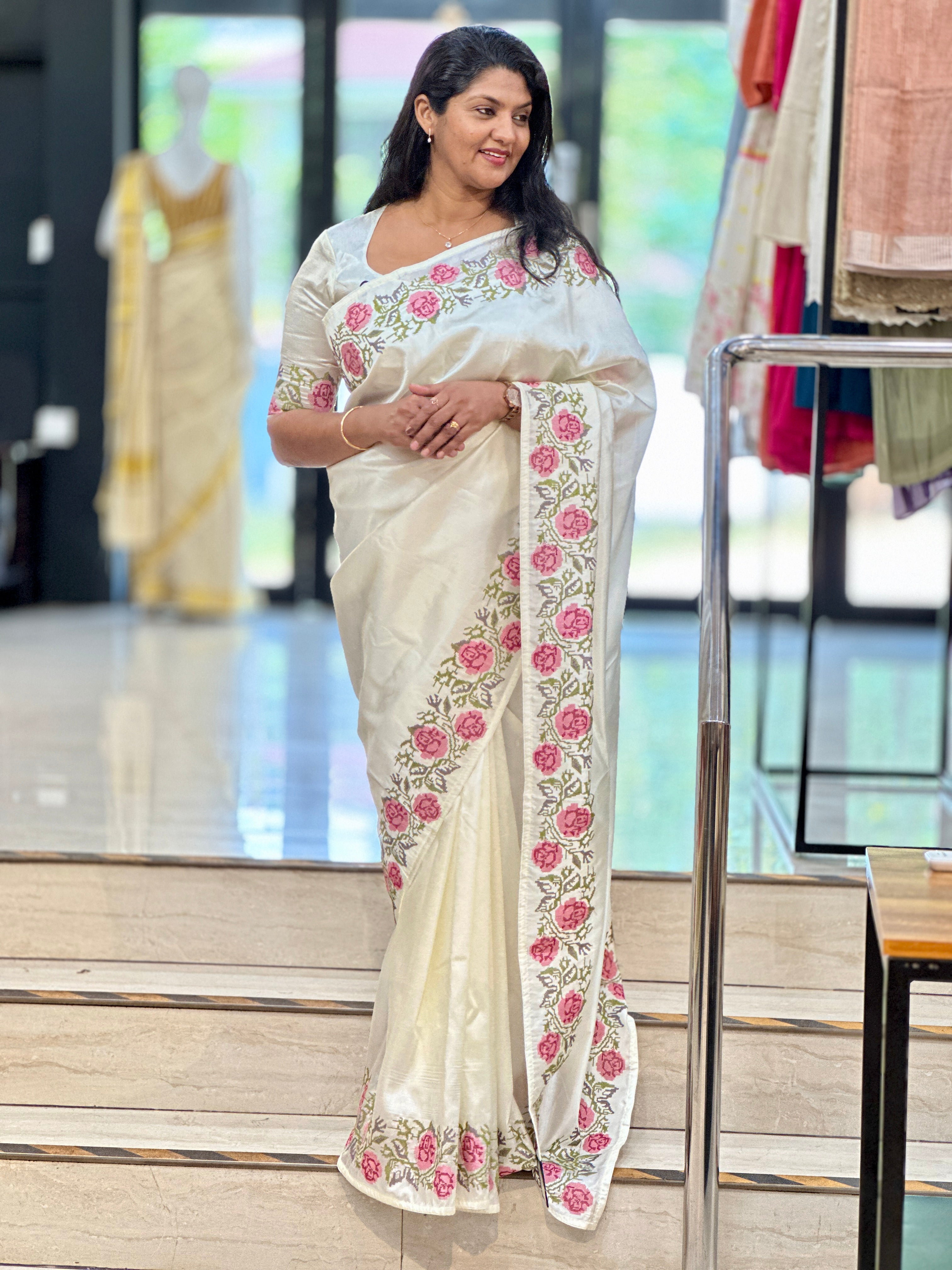 Embroidery Stitched Semi Tussar Saree |SUN781