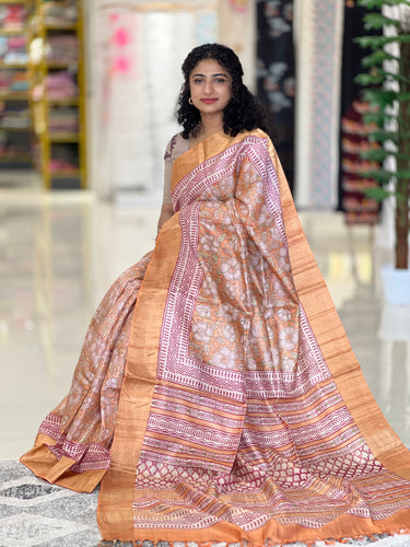 Block Printed Desi Tussar Saree | MNH381