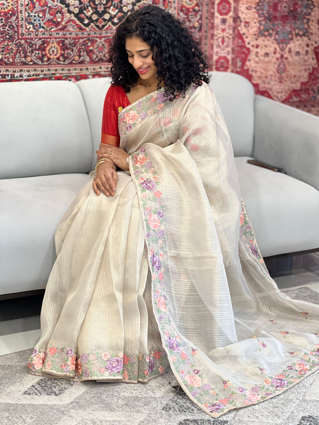 Floral Embroidery Borders Tissue Saree | SHC156